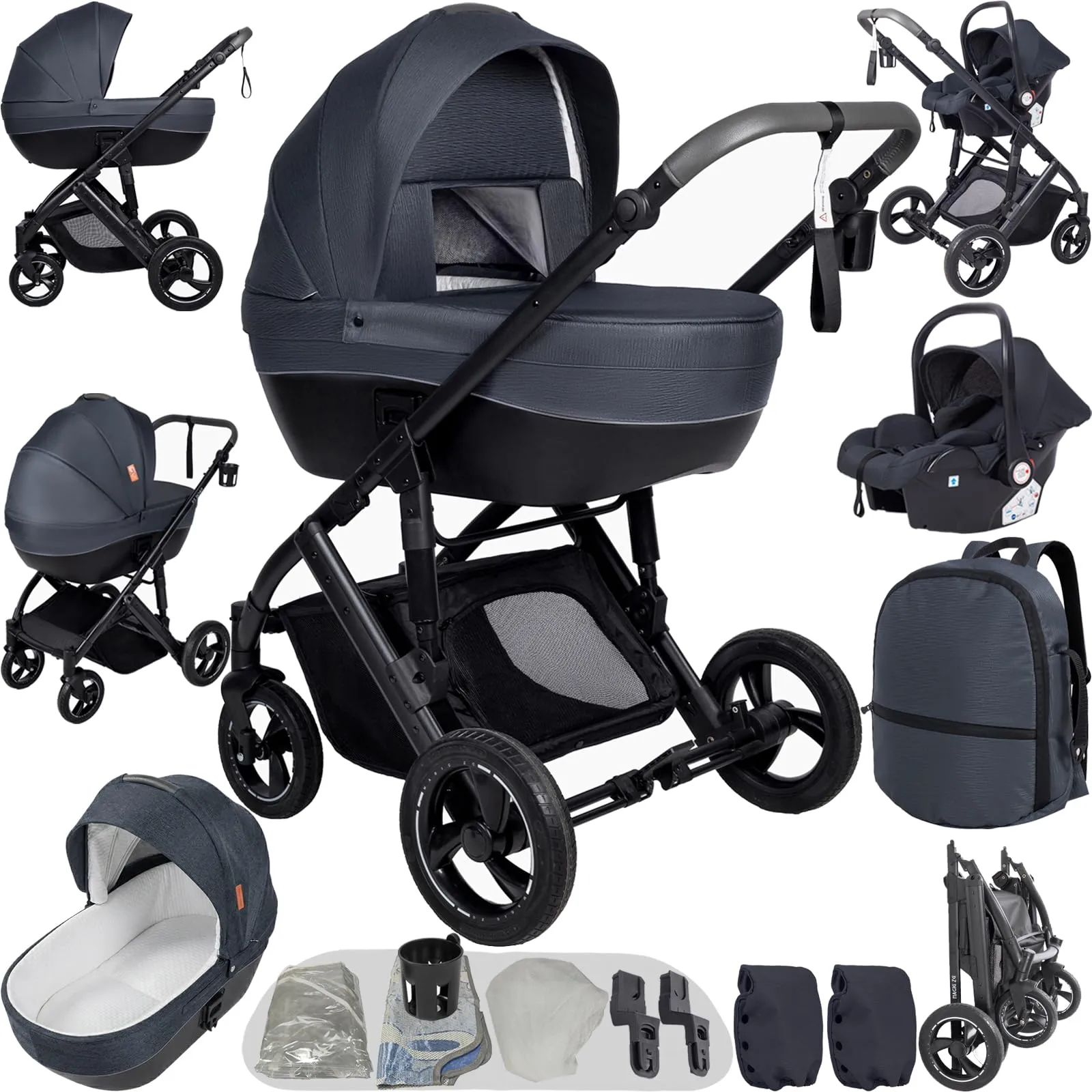 Reenborn Passeggino Trio, Passeggino 3 in 1 con Due Modi Reversibili Spingere, Trio con Telaio Alluminio Paesaggistico Alto, Trio Passeggino Neonati con Design Pieghevole in Un Clic (H2 Deep Grey) - immagine 1