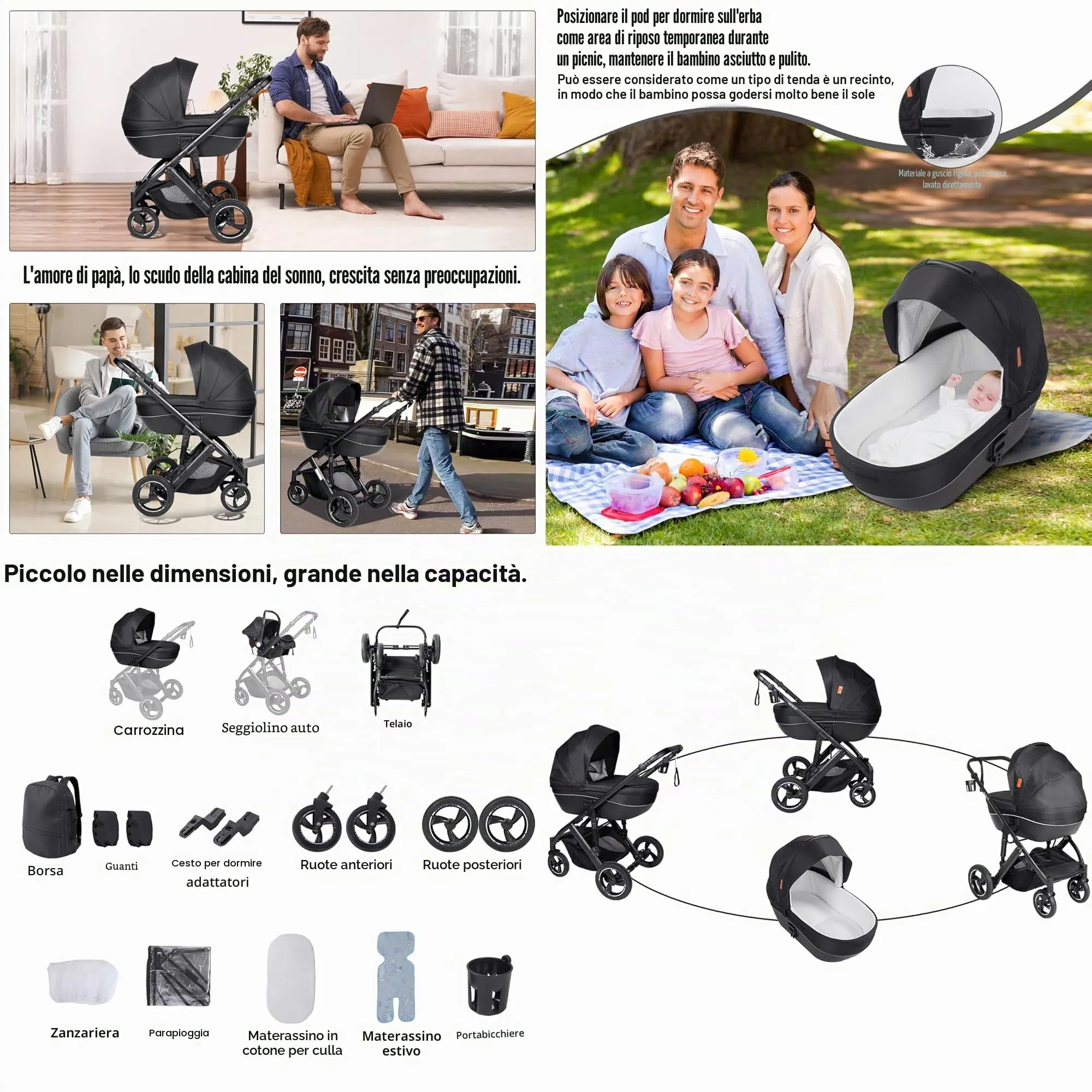 Reenborn Passeggino Trio, Passeggino 3 in 1 con Due Modi Reversibili Spingere, Trio con Telaio Alluminio Paesaggistico Alto, Trio Passeggino Neonati con Design Pieghevole in Un Clic (H2 Deep Grey) - immagine 2