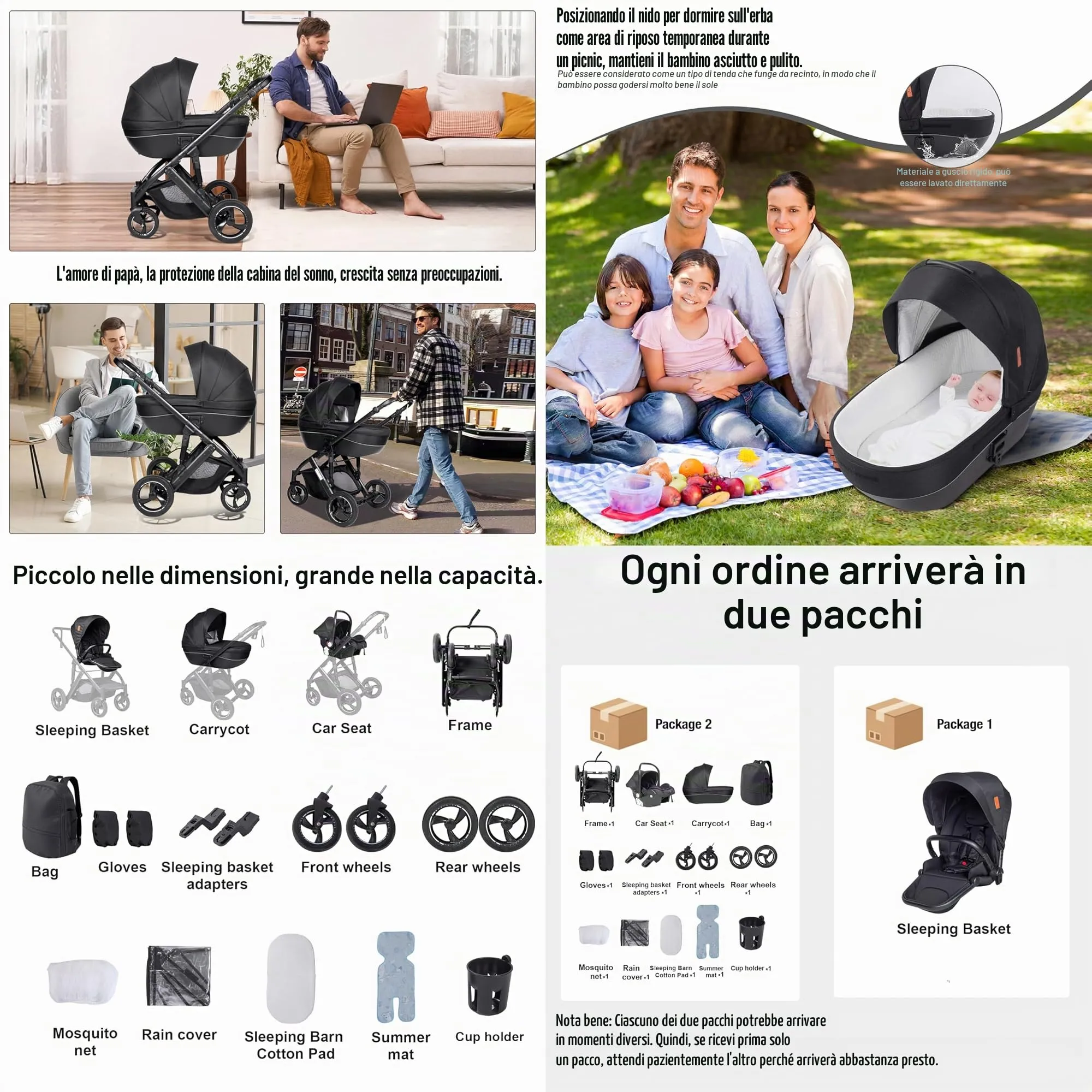 Reenborn Passeggino 4 in 1, Passeggino Trio con Due Modi Reversibili Spingere, Trio Neonati con Telaio Alluminio Paesaggistico Alto, Design Pieghevole in Un Clic (H2 Yellowish) - immagine 2