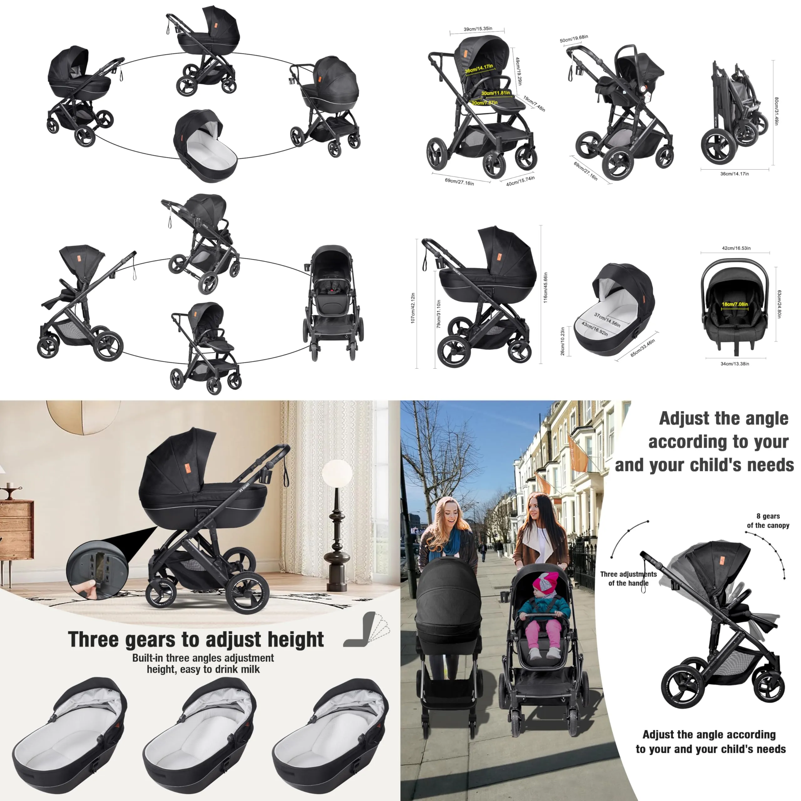 Reenborn Passeggino 4 in 1, Passeggino Trio con Due Modi Reversibili Spingere, Trio con Telaio Alluminio Paesaggistico Alto, Trio Passeggino Neonati con Design Pieghevole in Un Clic (H2 Blue) - immagine 4