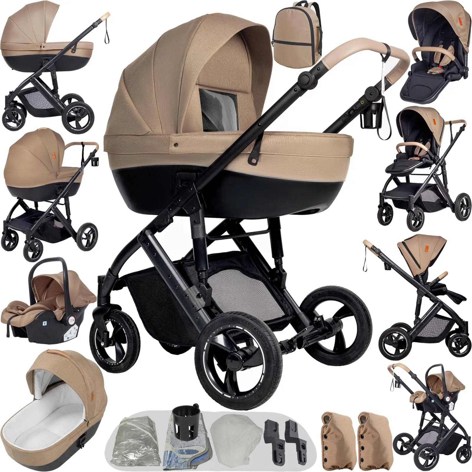 Reenborn Passeggino 4 in 1, Passeggino Trio con Due Modi Reversibili Spingere, Trio con Telaio Alluminio Paesaggistico Alto, Trio Passeggino Neonati con Design Pieghevole in Un Clic (H2 Khaki) - immagine 1