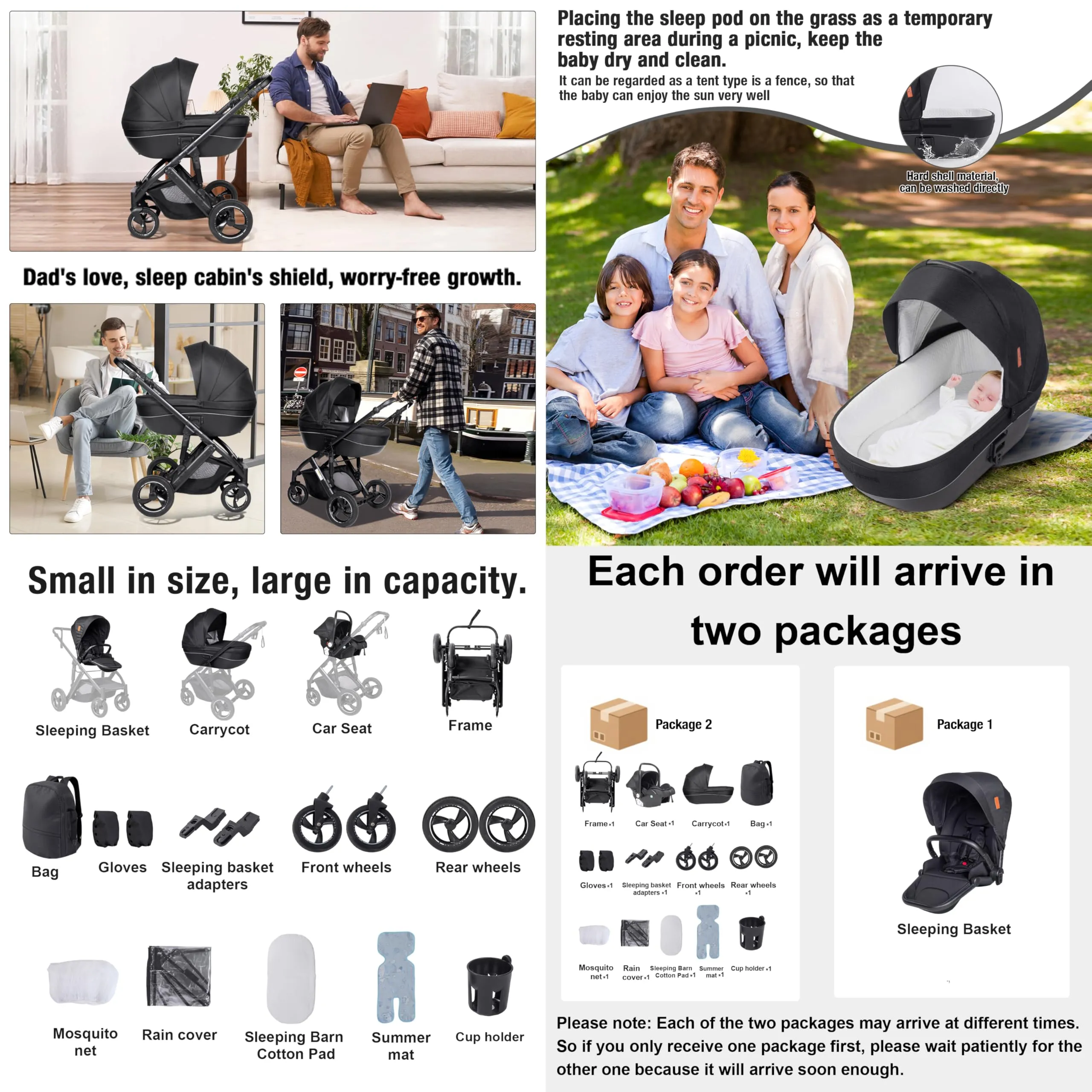 Reenborn Passeggino 4 in 1, Passeggino Trio con Due Modi Reversibili Spingere, Trio con Telaio Alluminio Paesaggistico Alto, Trio Passeggino Neonati con Design Pieghevole in Un Clic (H2 Khaki) - immagine 2