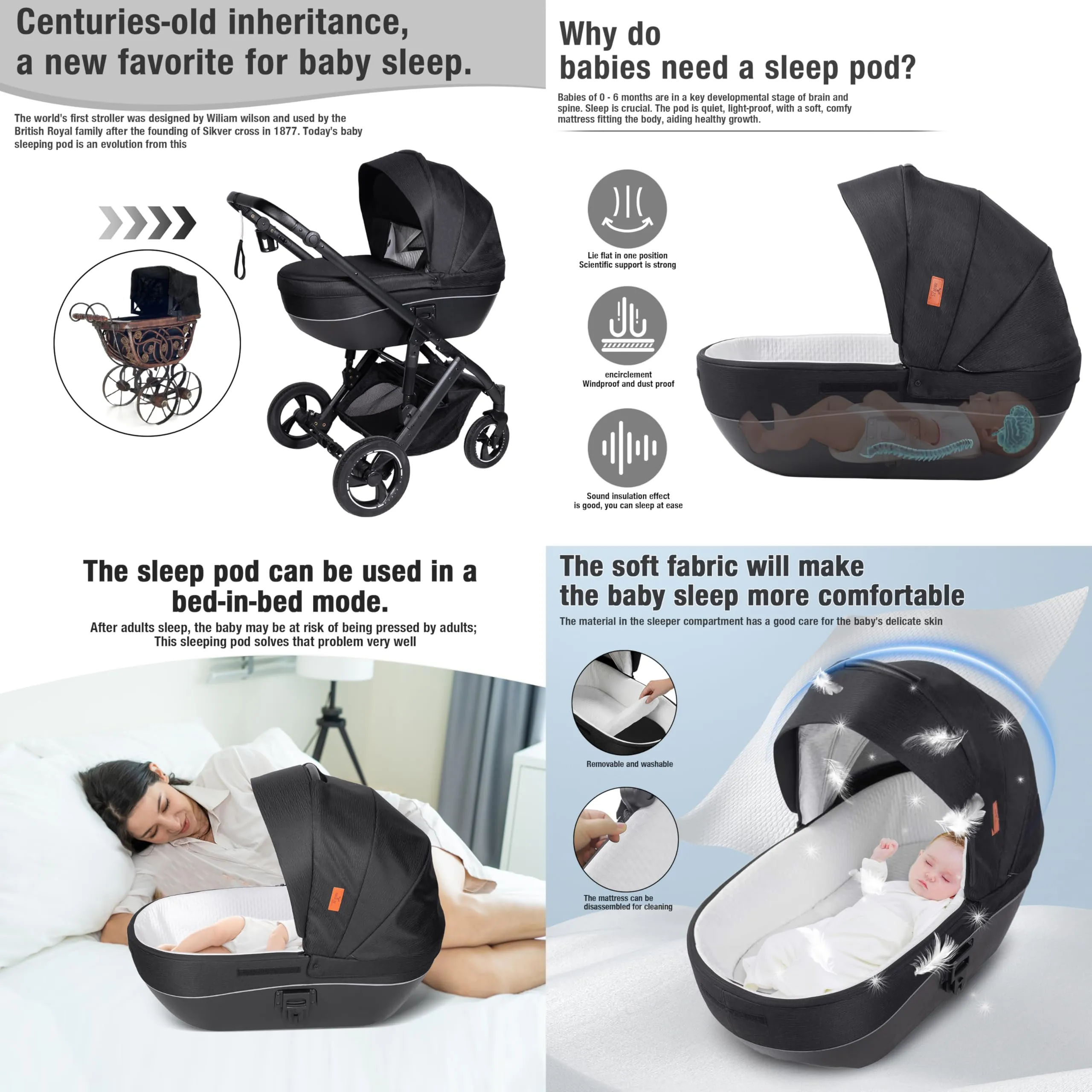 Reenborn Passeggino 4 in 1, Passeggino Trio con Due Modi Reversibili Spingere, Trio con Telaio Alluminio Paesaggistico Alto, Trio Passeggino Neonati con Design Pieghevole in Un Clic (H2 Khaki) - immagine 3