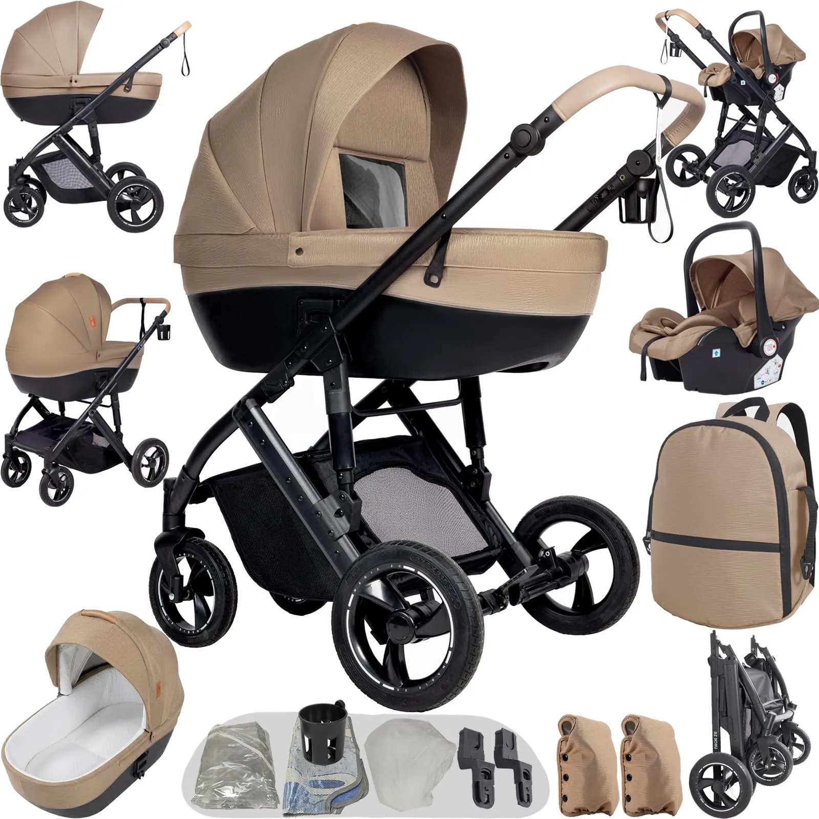 Reenborn Passeggino Trio, Passeggino 3 in 1 con Due Modi Reversibili Spingere, Trio con Telaio Alluminio Paesaggistico Alto, Trio Passeggino Neonati con Design Pieghevole in Un Clic (H2 Khaki) - immagine 1