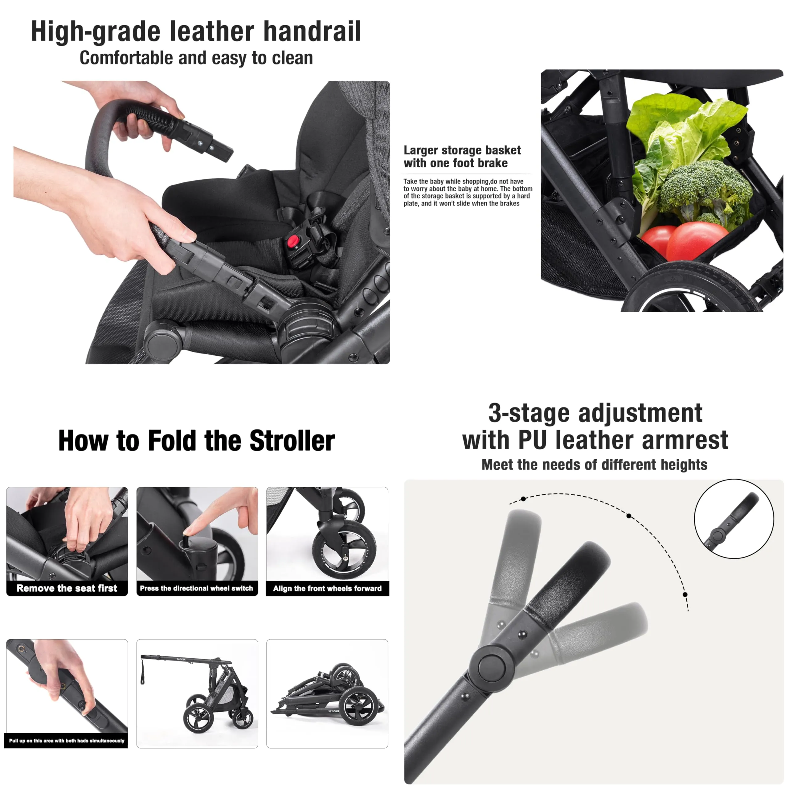 Reenborn Passeggino Trio, Passeggino 3 in 1 con Due Modi Reversibili Spingere, Trio con Telaio Alluminio Paesaggistico Alto, Trio Passeggino Neonati con Design Pieghevole in Un Clic (H2 Khaki) - immagine 6