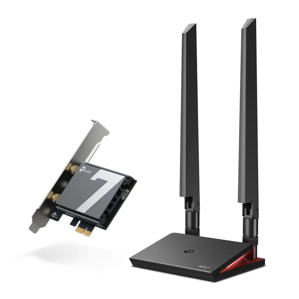 Adattatore di rete PCI TP-Link Archer TBE550E - Base con LED - Bluetooth - Velocità 93 Gbps - Wi-Fi 7 Tri-Band - 2 antenne multidirezionali - Sicurezza avanzata - Nero - immagine 1