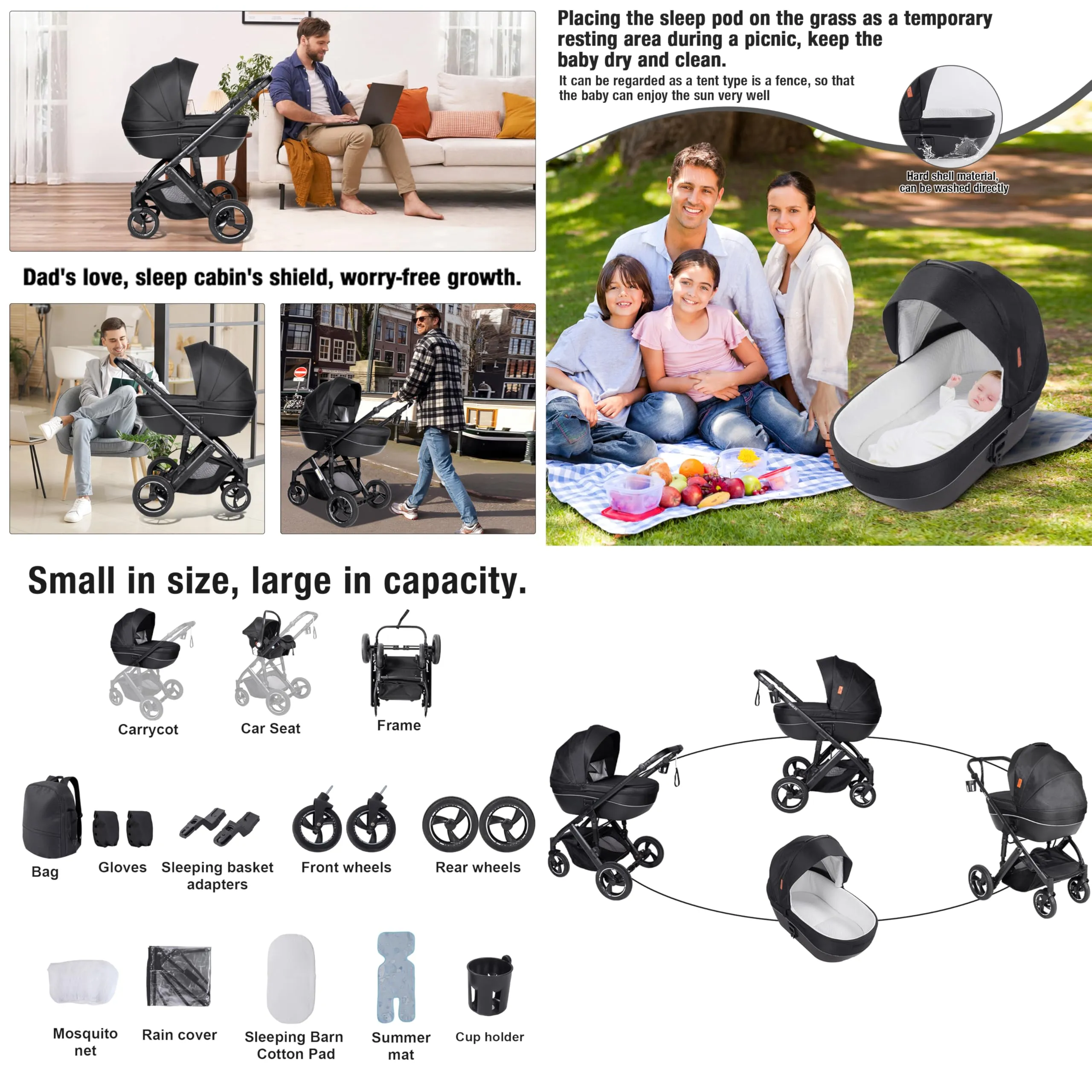 Reenborn Passeggino Trio, Passeggino 3 in 1 con Due Modi Reversibili Spingere, Trio con Telaio Alluminio Paesaggistico Alto, Tris Passeggini Neonati con Design Pieghevole in Un Clic (H2 Yellowish) - immagine 2
