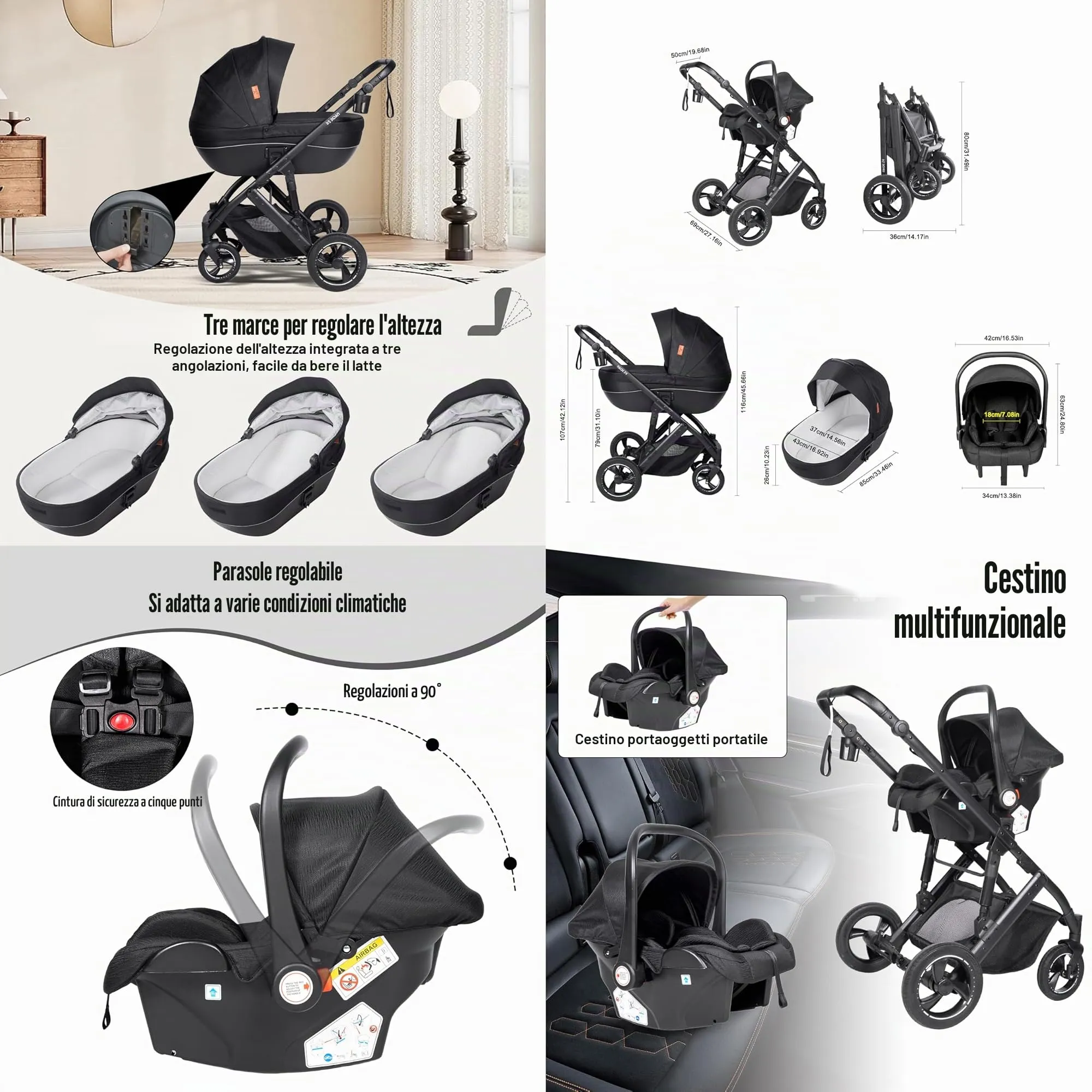 Reenborn Passeggino Trio, Passeggino 3 in 1 con Due Modi Reversibili Spingere, Trio con Telaio Alluminio Paesaggistico Alto, Tris Passeggini Neonati con Design Pieghevole in Un Clic (H2 Yellowish) - immagine 4