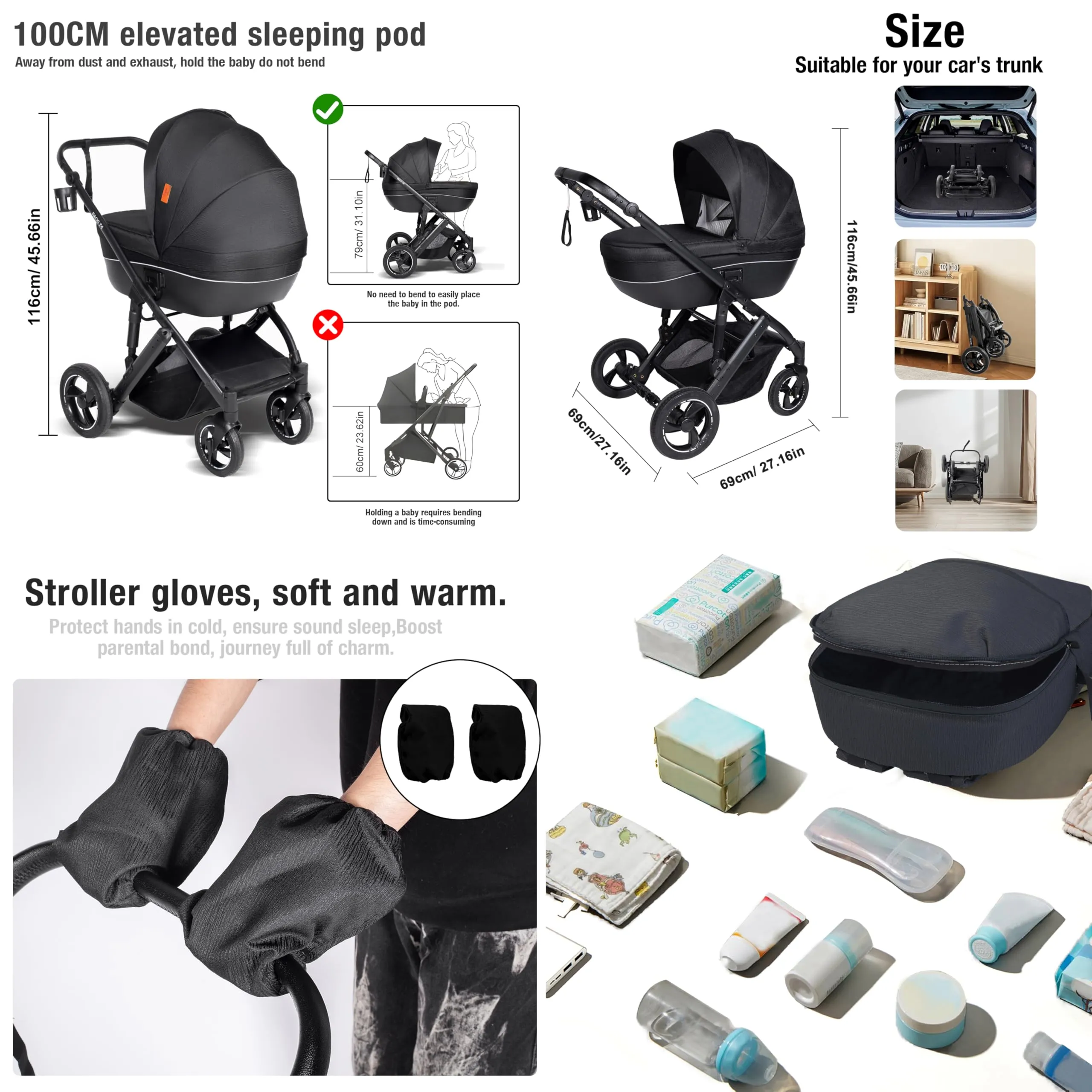 Reenborn Passeggino Trio, Passeggino 3 in 1 con Due Modi Reversibili Spingere, Trio con Telaio Alluminio Paesaggistico Alto, Tris Passeggini Neonati con Design Pieghevole in Un Clic (H2 Yellowish) - immagine 5