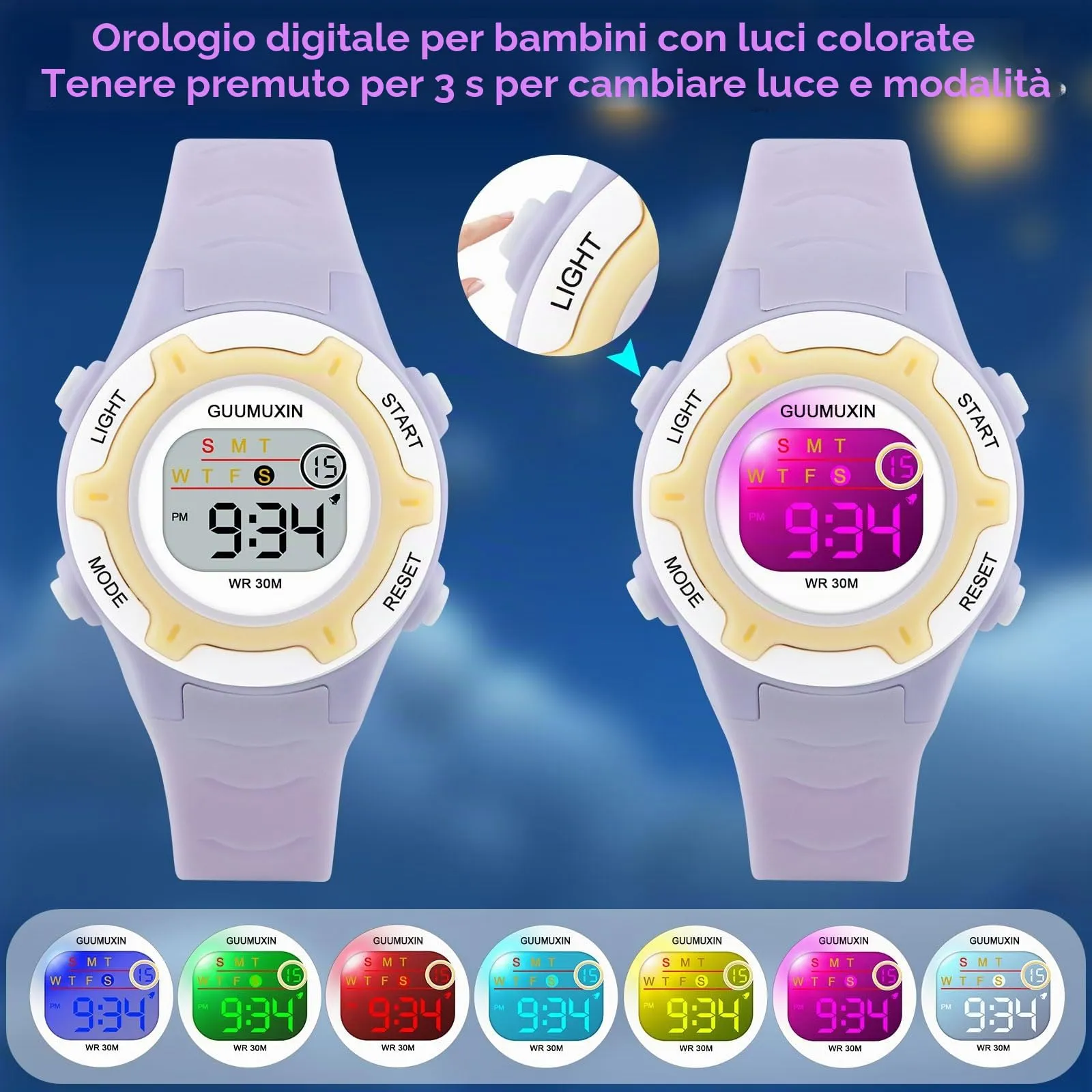 GUUMUXIN Orologio Digitale, 7 Luci Colorate, 3ATM Impermeabile, 5-16 Anni - immagine 3