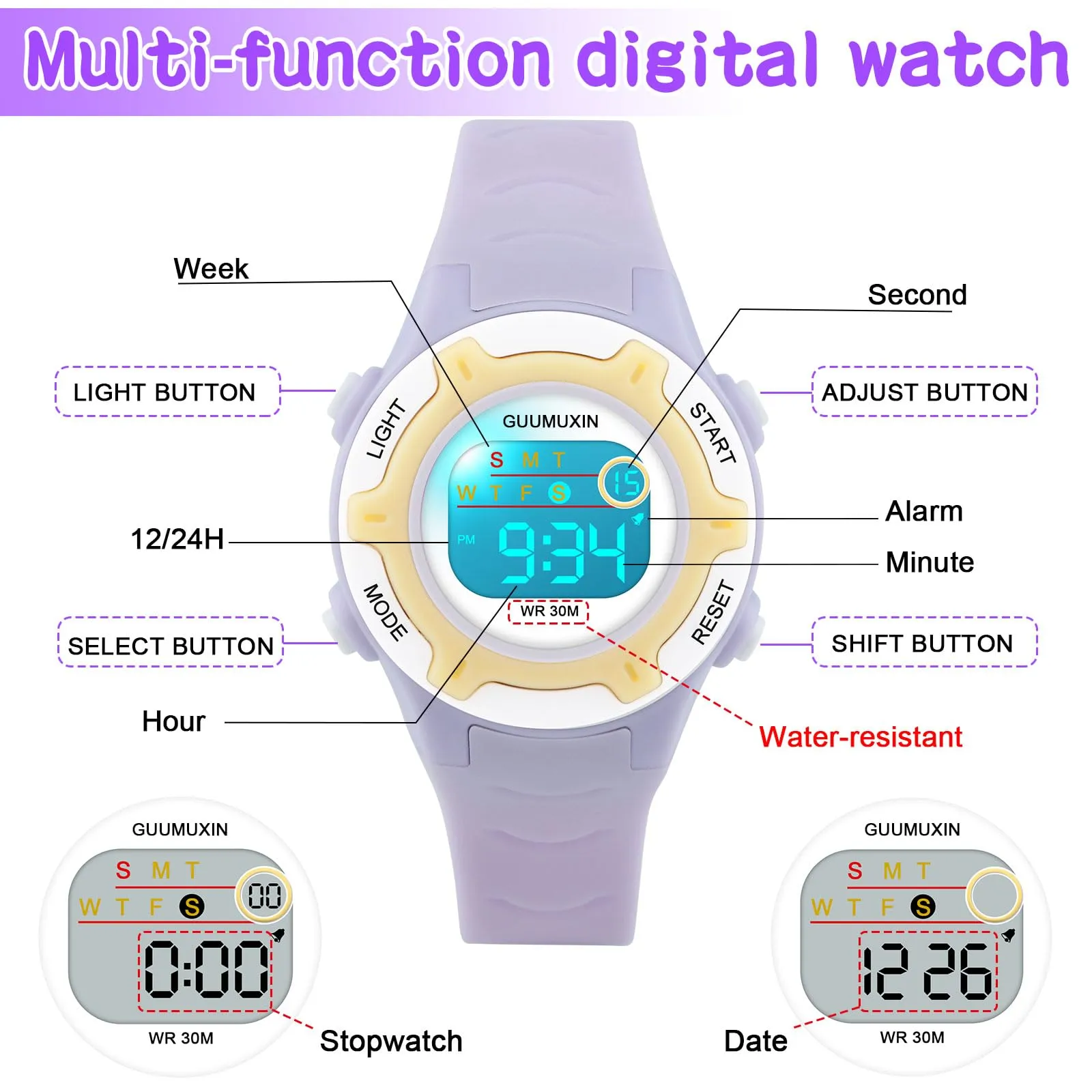 GUUMUXIN Orologio Digitale, 7 Luci Colorate, 3ATM Impermeabile, 5-16 Anni - immagine 4