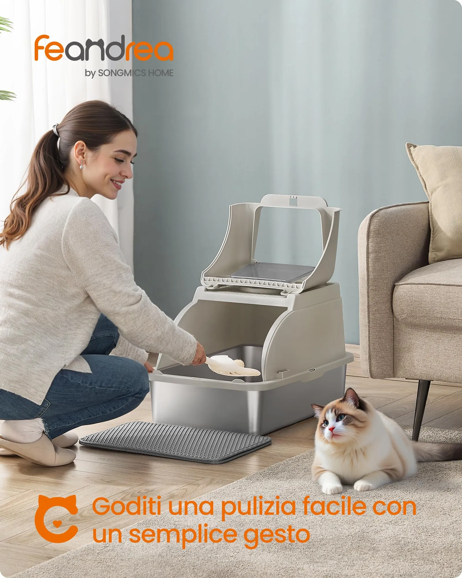 Feandrea Lettiera per Gatti Chiusa in Acciaio Inox, 61 x 40 x 36,5 cm - immagine 2