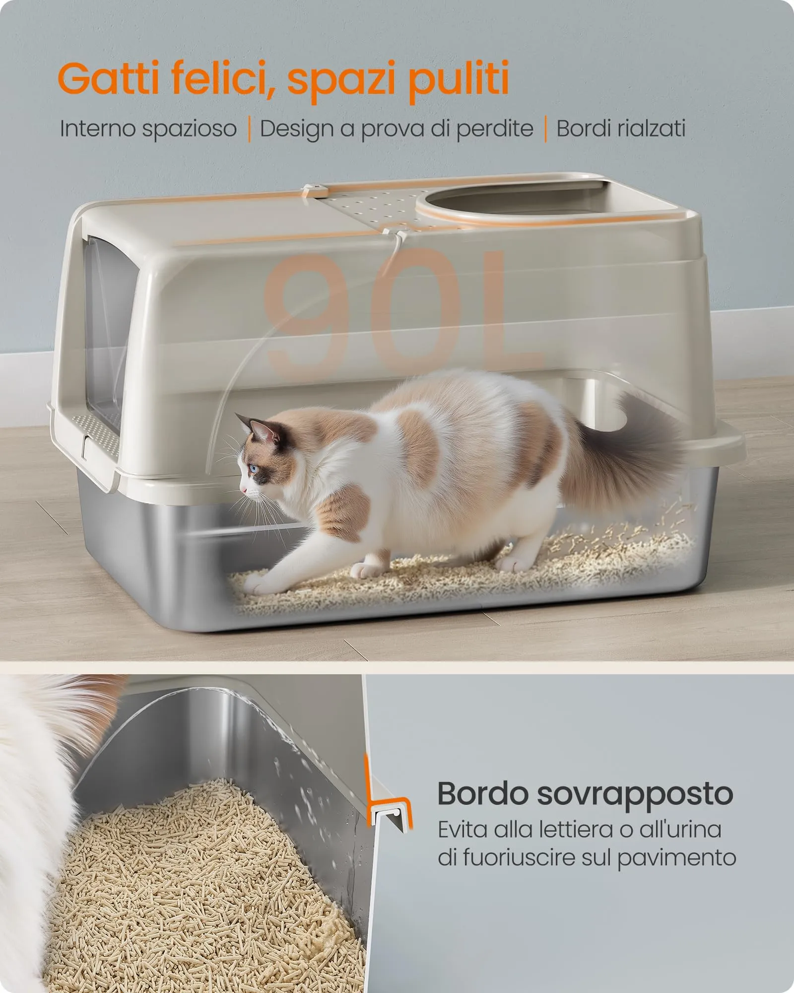 Feandrea Lettiera per Gatti Chiusa in Acciaio Inox, 61 x 40 x 36,5 cm - immagine 4