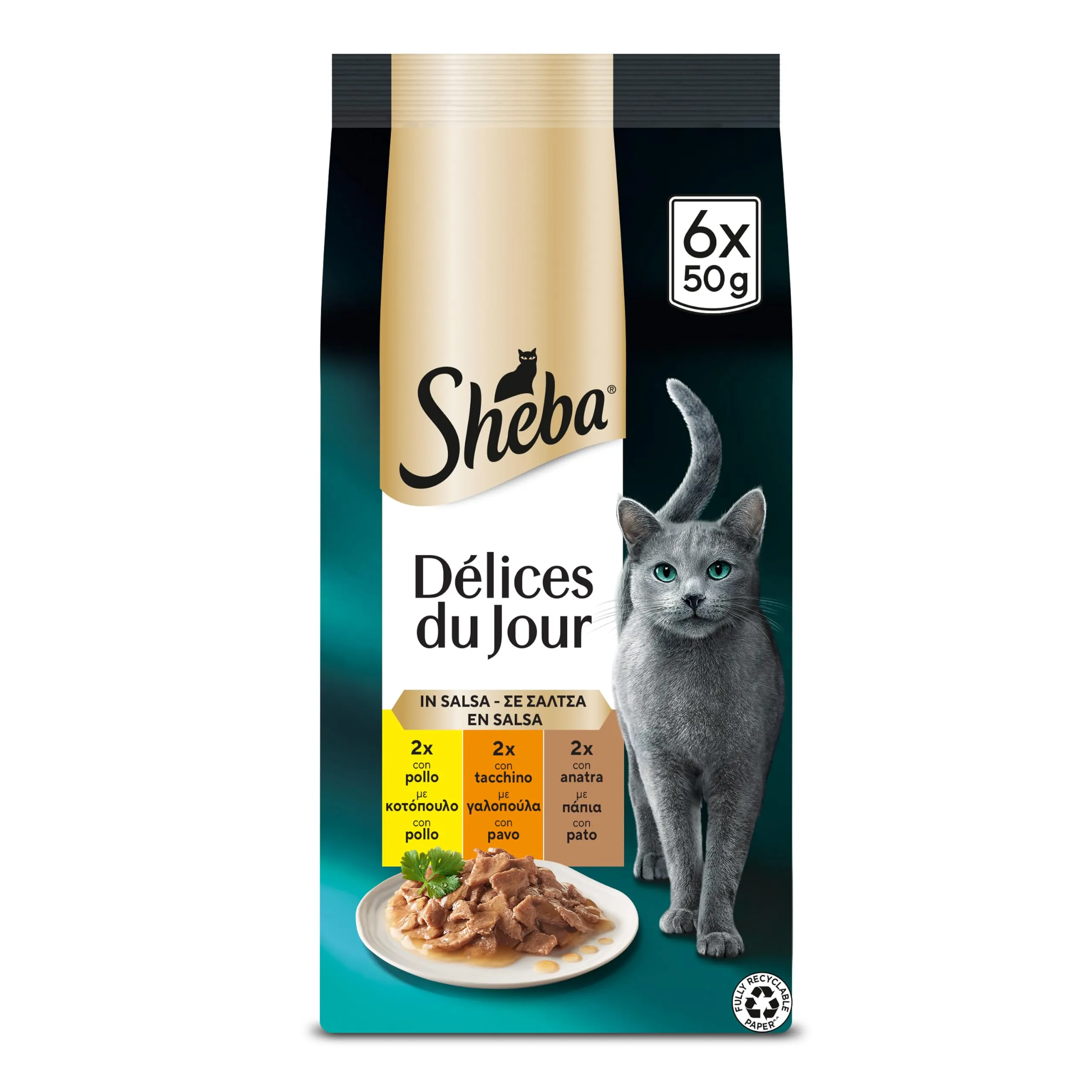 Sheba Delices du Jour Cibo Umido per Gatti in Salsa con Pollo, Tacchino e Anatra, 12 x 6 Vaschette da 50 g, Totale 3.600g - immagine 1