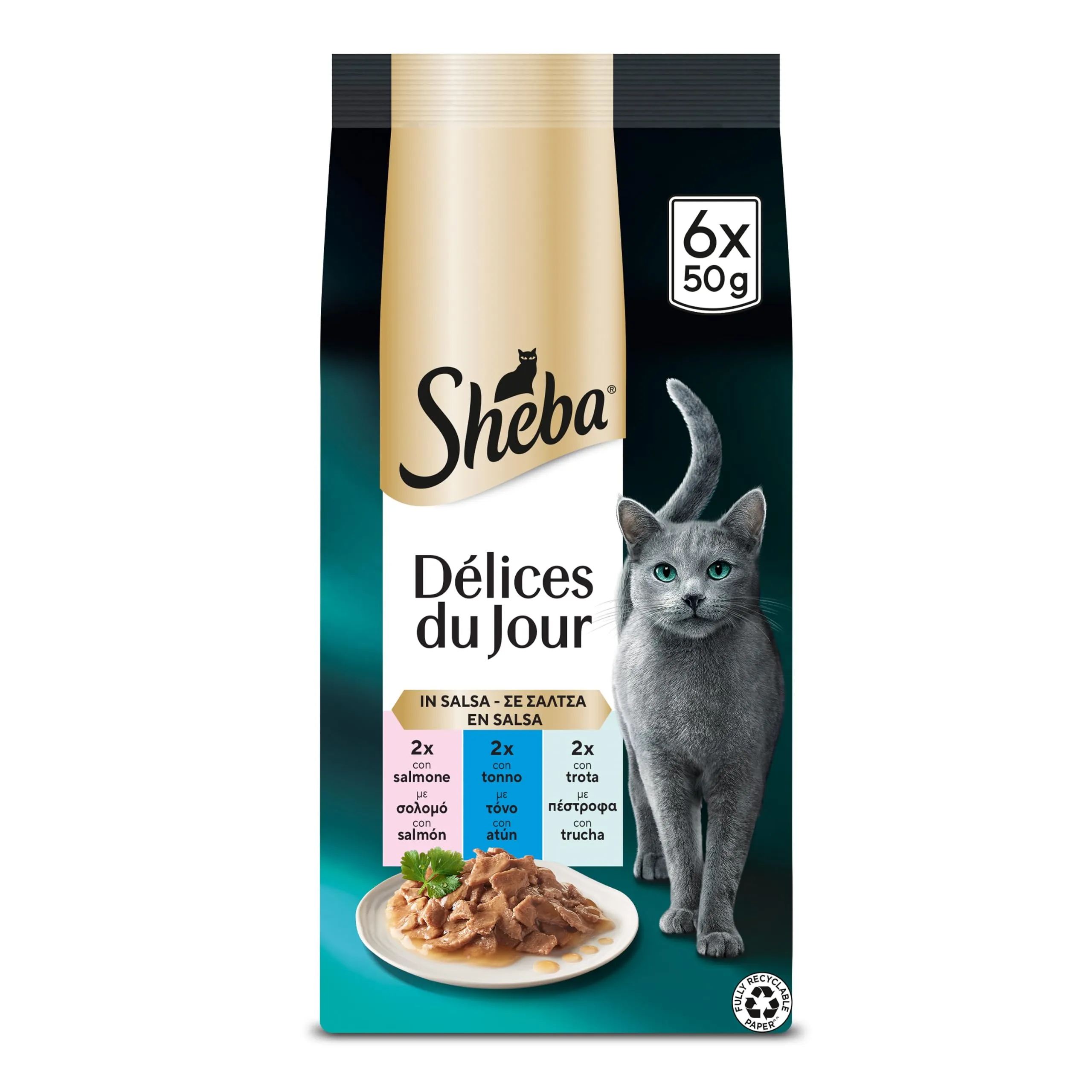 Sheba cibo umido per gatti con salmone, tonno, trota in salsa 6x50g - immagine 1