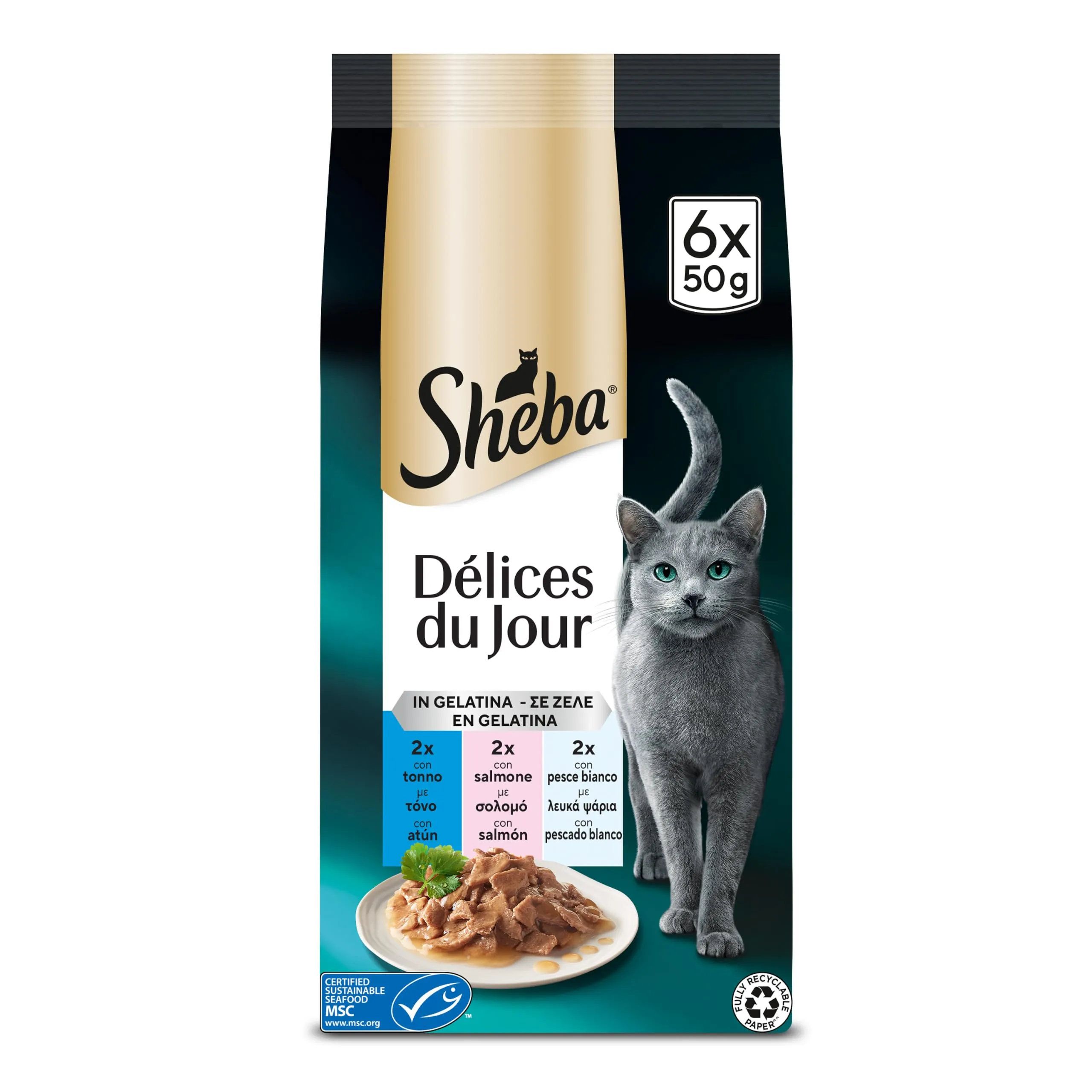 Sheba cibo umido per gatti con tonno, salmone, pesce bianco in gelatina 12*6x50g - immagine 1