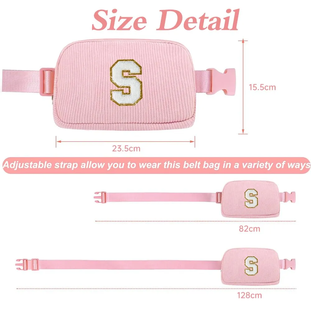 Marsupio da Donna in Velluto a Coste, Borsa a Cintura con Inizialen S, Rosa Borsa a Spalla con Tracolla Regolabile, Ideale per Viaggi, Uso Quotidiano, Compleanno Regali per Ragazza, Amica, Mamma - immagine 2