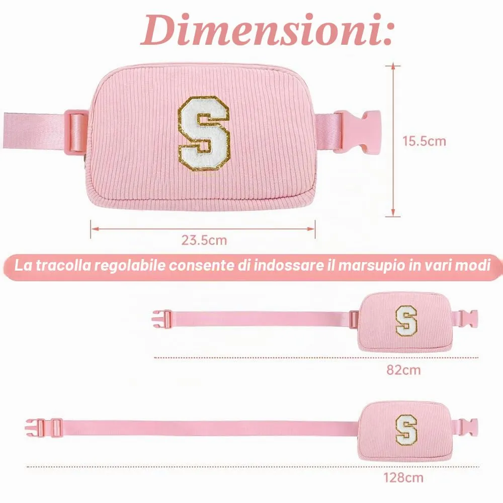 Marsupio da Donna in Velluto a Coste, Borsa a Cintura con Inizialen A, Rosa Borsa a Spalla con Tracolla Regolabile, Ideale per Viaggi, Uso Quotidiano, Compleanno Regali per Ragazza, Amica, Mamma - immagine 2