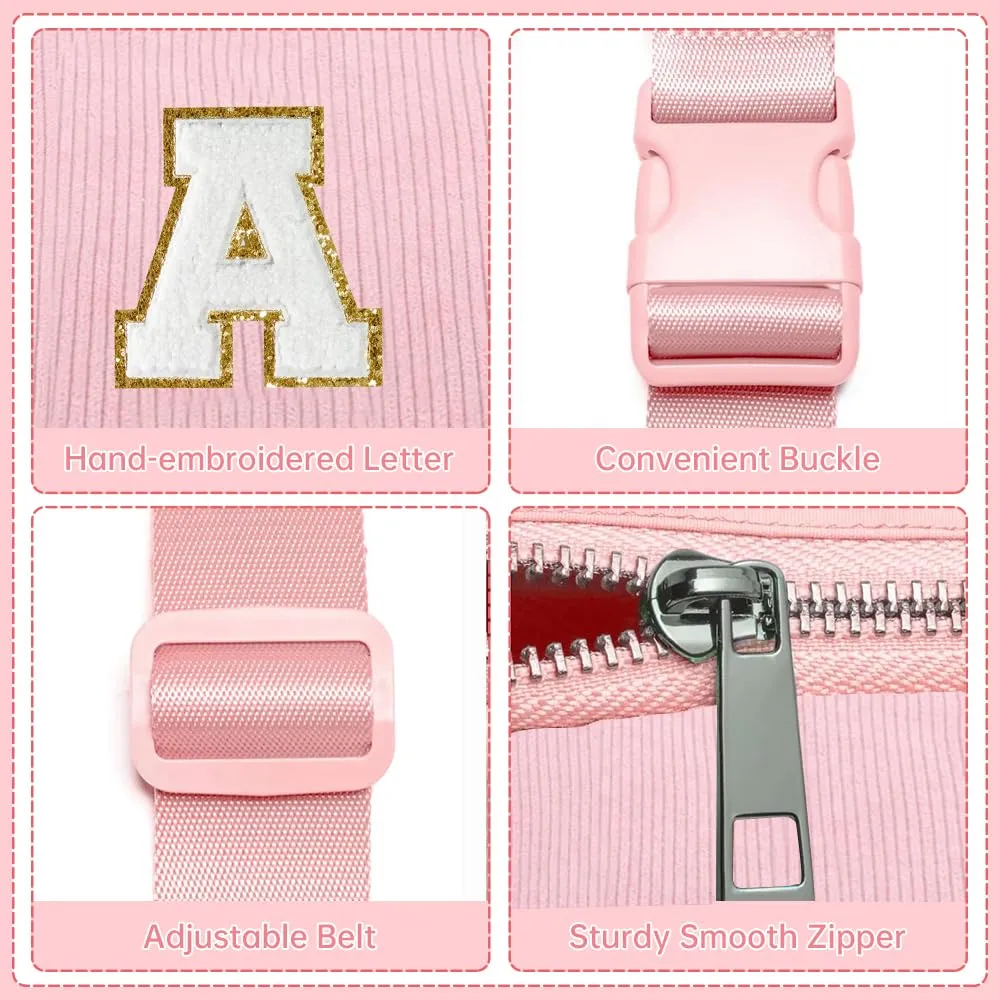 Marsupio da Donna in Velluto a Coste, Borsa a Cintura con Inizialen G, Rosa Borsa a Spalla con Tracolla Regolabile, Ideale per Viaggi, Uso Quotidiano, Compleanno Regali per Ragazza, Amica, Mamma - immagine 3