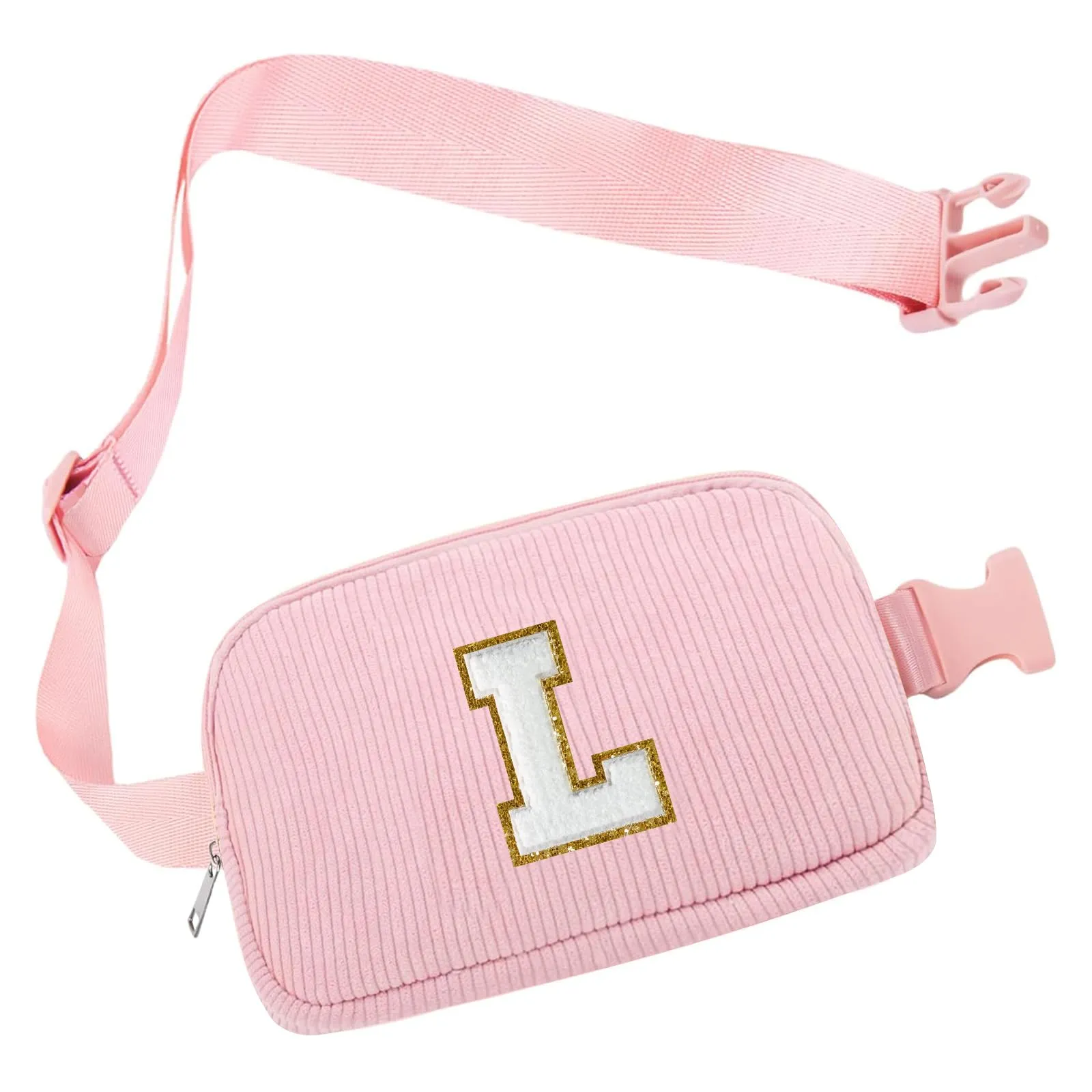 Marsupio da Donna in Velluto a Coste, Borsa a Cintura con Inizialen L, Rosa Borsa a Spalla con Tracolla Regolabile, Ideale per Viaggi, Uso Quotidiano, Compleanno Regali per Ragazza, Amica, Mamma - immagine 1