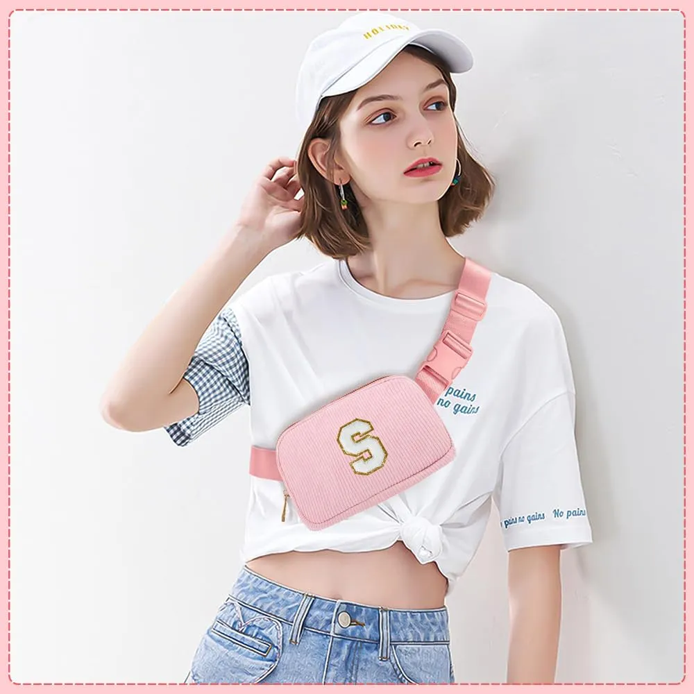 Marsupio da Donna in Velluto a Coste, Borsa a Cintura con Inizialen L, Rosa Borsa a Spalla con Tracolla Regolabile, Ideale per Viaggi, Uso Quotidiano, Compleanno Regali per Ragazza, Amica, Mamma - immagine 6