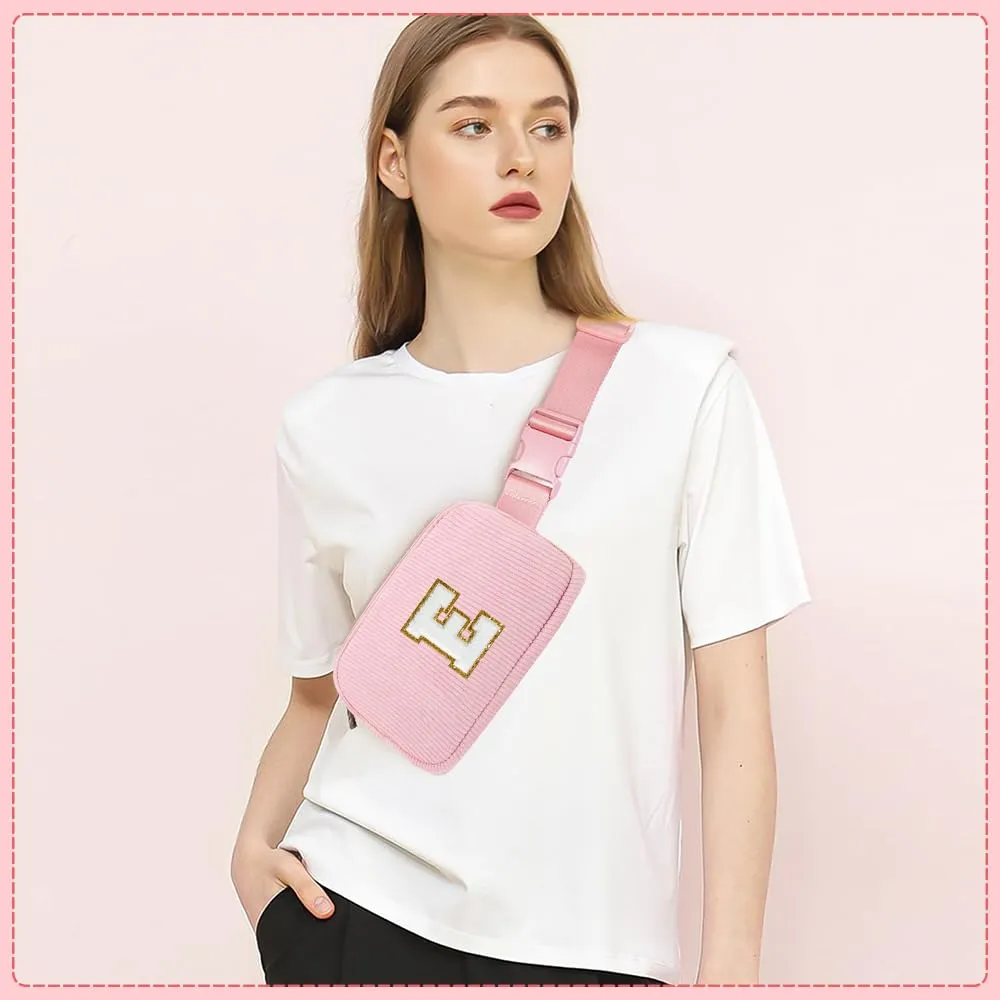 Marsupio da Donna in Velluto a Coste, Borsa a Cintura con Inizialen R, Rosa Borsa a Spalla con Tracolla Regolabile, Ideale per Viaggi, Uso Quotidiano, Compleanno Regali per Ragazza, Amica, Mamma - immagine 7