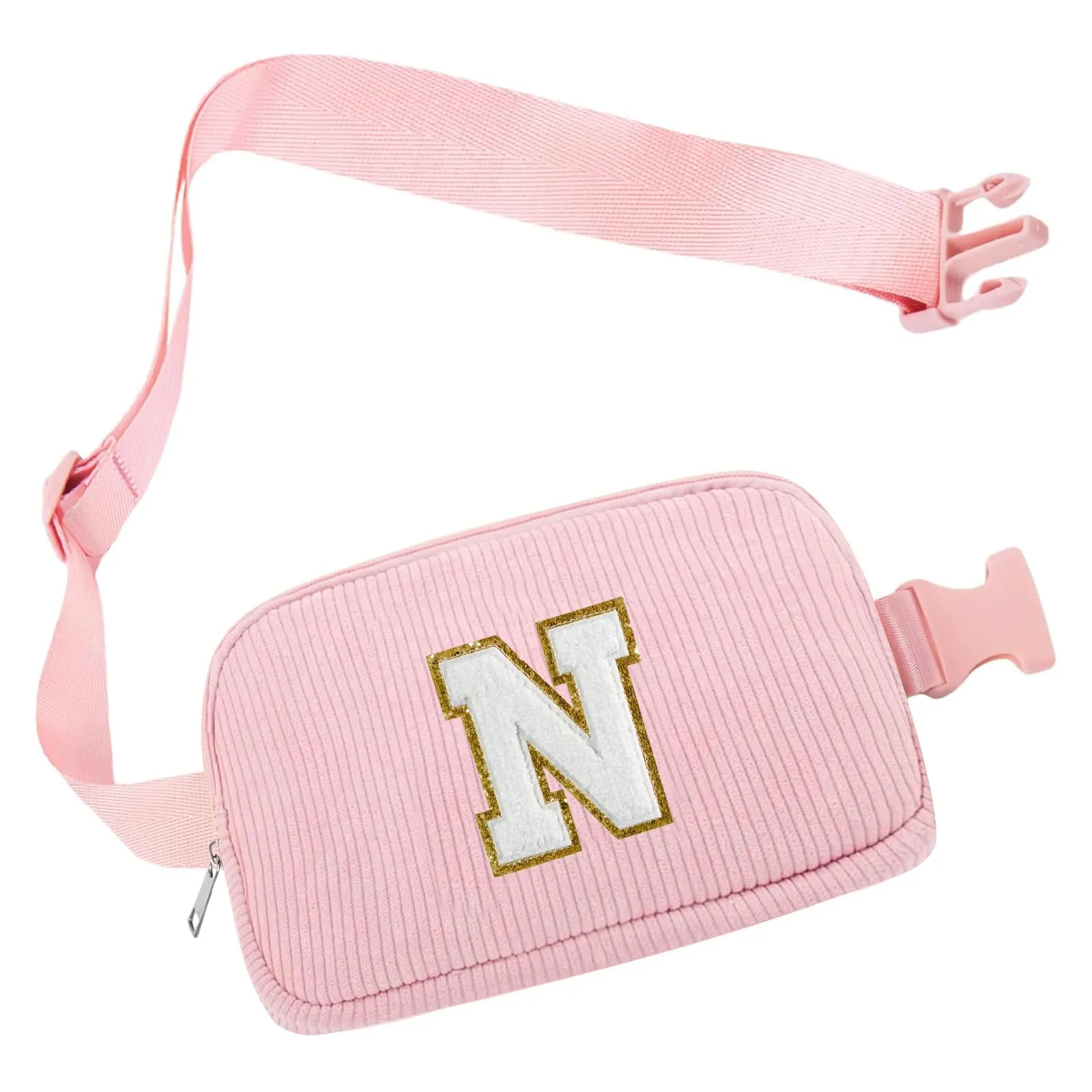 Marsupio da Donna in Velluto a Coste, Borsa a Cintura con Inizialen N, Rosa Borsa a Spalla con Tracolla Regolabile, Ideale per Viaggi, Uso Quotidiano, Compleanno Regali per Ragazza, Amica, Mamma - immagine 1