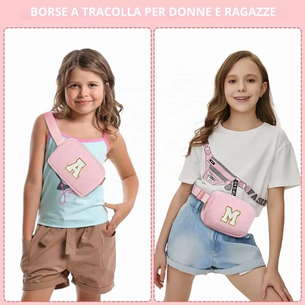 Marsupio da Donna in Velluto a Coste, Borsa a Cintura con Inizialen C, Rosa Borsa a Spalla con Tracolla Regolabile, Ideale per Viaggi, Uso Quotidiano, Compleanno Regali per Ragazza, Amica, Mamma - immagine 5