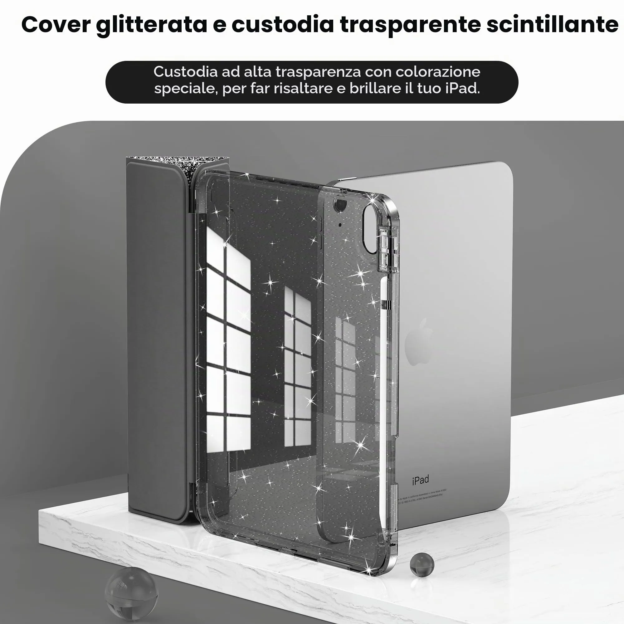 INFILAND Custodia per iPad 11 Generazione A16 11 Pollici 2025/iPad 10 Generazione 10,9 Pollici 2022,Glitterata con Retro Trasparente Brillante, Portapenne, per Bambini e Ragazze (nero) - immagine 3