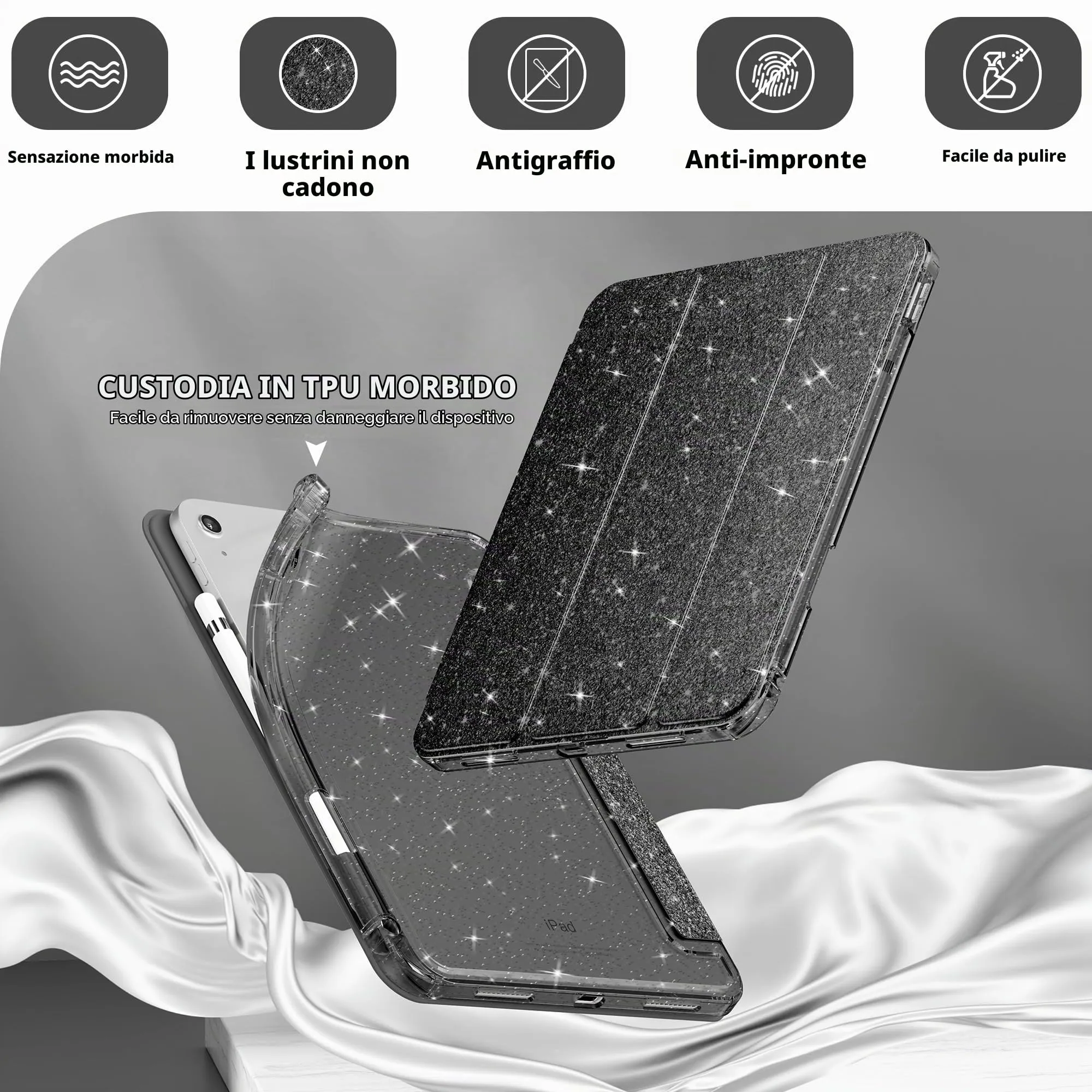 INFILAND Custodia per iPad 11 Generazione A16 11 Pollici 2025/iPad 10 Generazione 10,9 Pollici 2022,Glitterata con Retro Trasparente Brillante, Portapenne, per Bambini e Ragazze (nero) - immagine 4