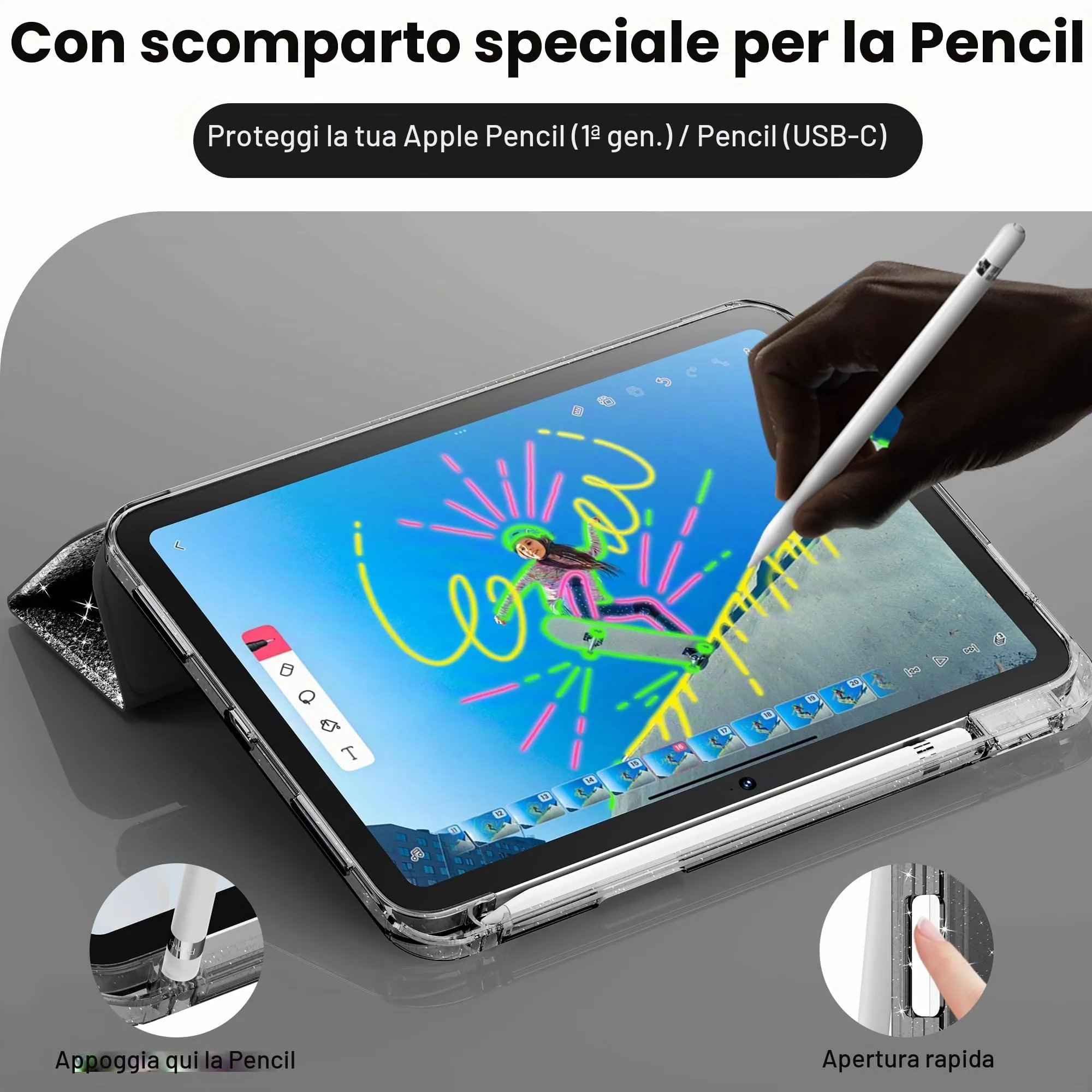 INFILAND Custodia per iPad 11 Generazione A16 11 Pollici 2025/iPad 10 Generazione 10,9 Pollici 2022,Glitterata con Retro Trasparente Brillante, Portapenne, per Bambini e Ragazze (nero) - immagine 5