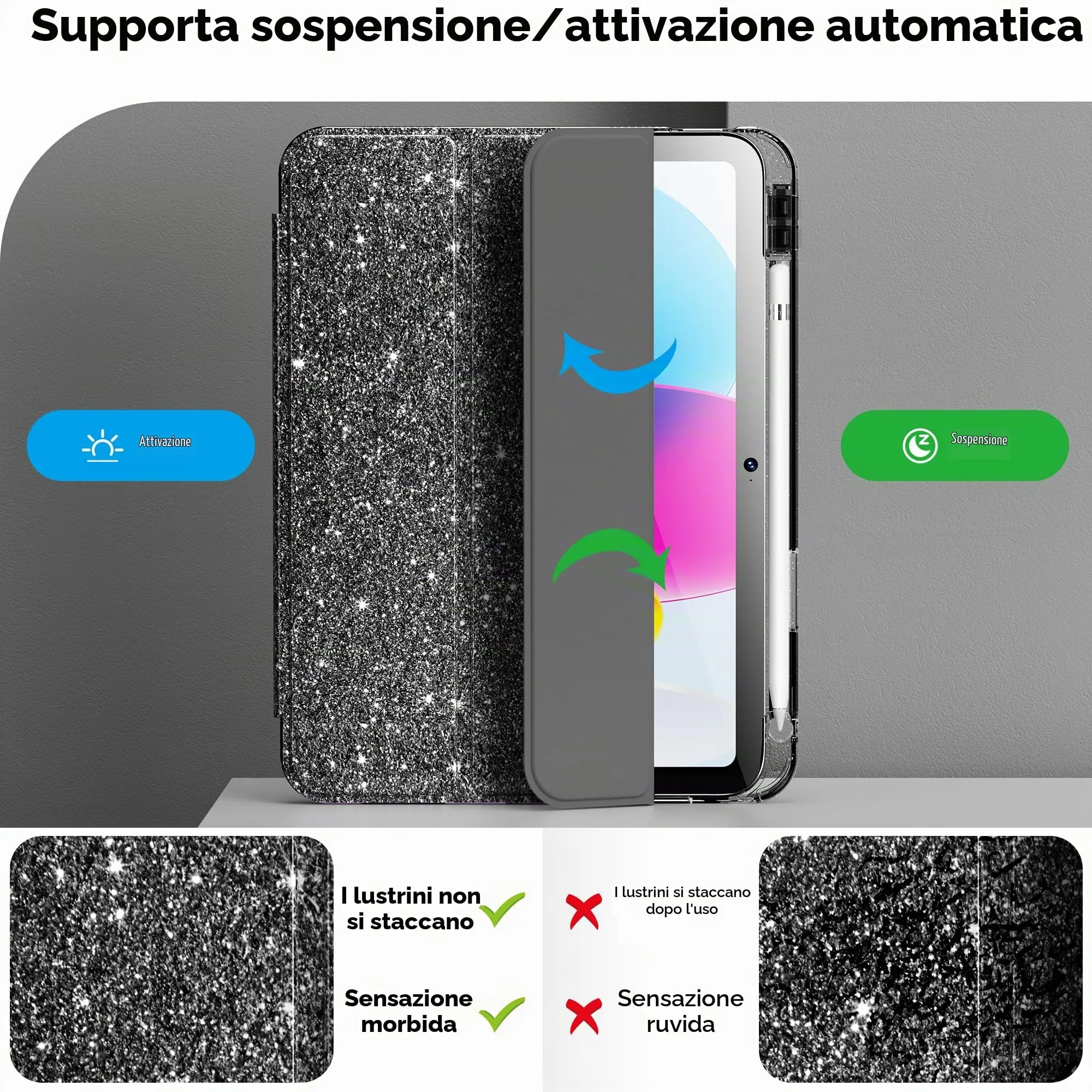 INFILAND Custodia per iPad 11 Generazione A16 11 Pollici 2025/iPad 10 Generazione 10,9 Pollici 2022,Glitterata con Retro Trasparente Brillante, Portapenne, per Bambini e Ragazze (nero) - immagine 6