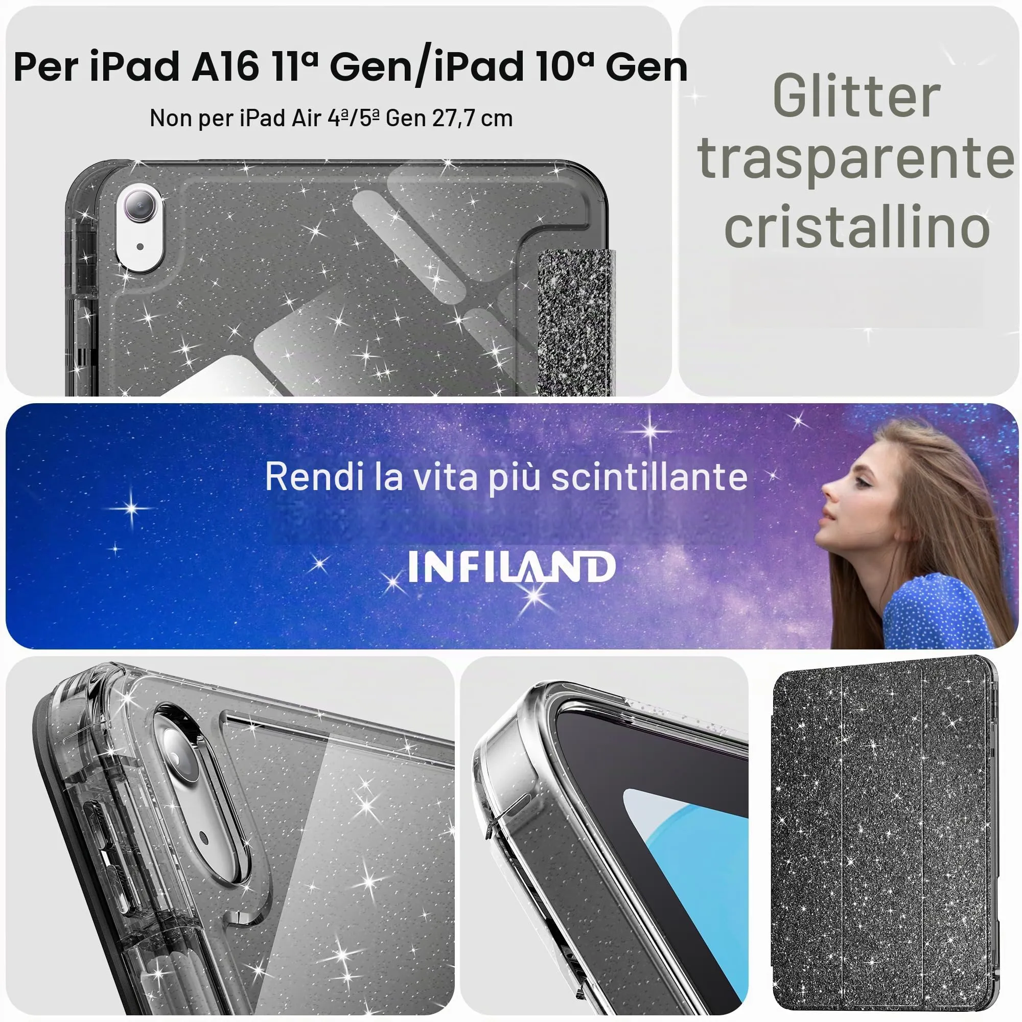 INFILAND Custodia per iPad 11 Generazione A16 11 Pollici 2025/iPad 10 Generazione 10,9 Pollici 2022,Glitterata con Retro Trasparente Brillante, Portapenne, per Bambini e Ragazze (nero) - immagine 7