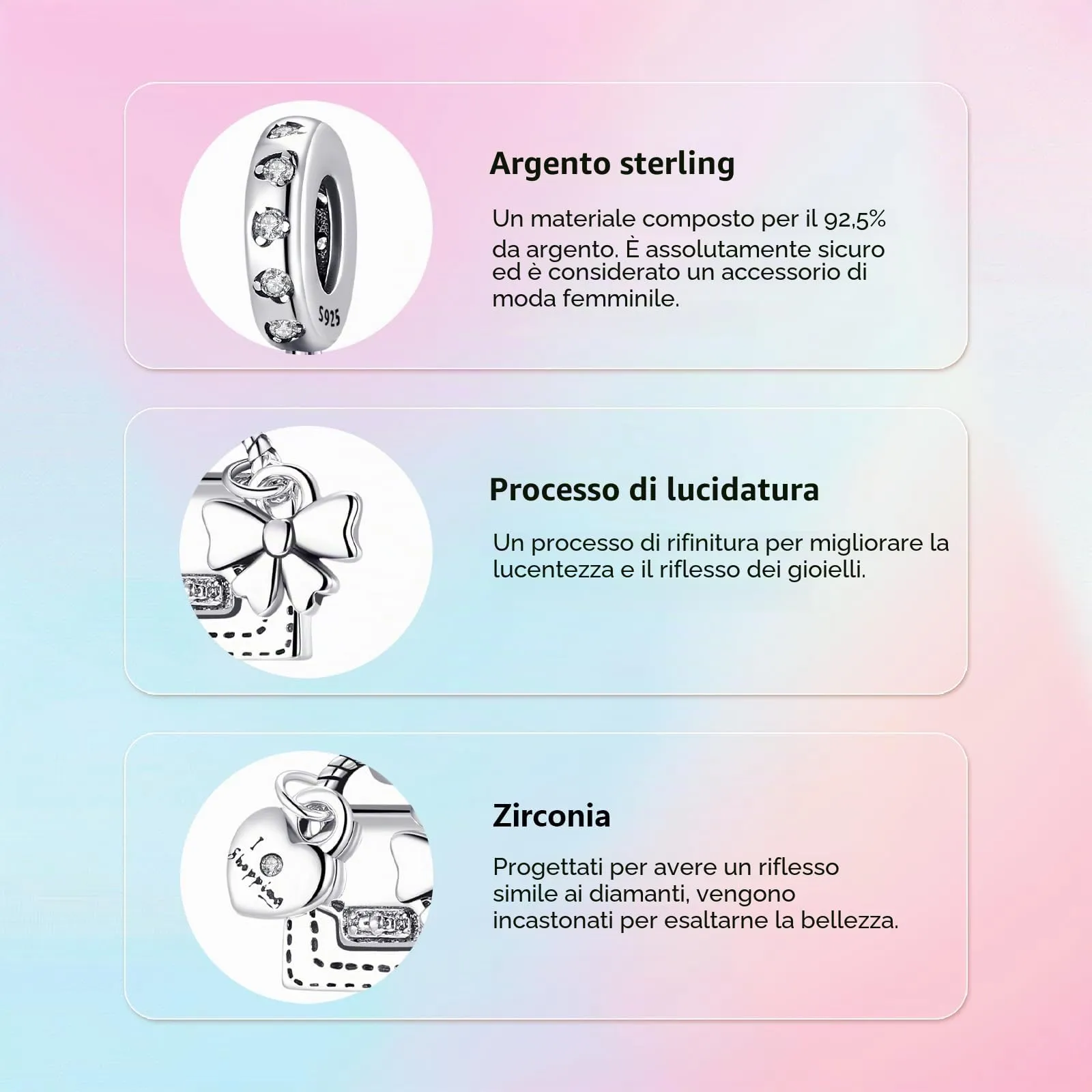 XWN Ciondolo Argento Sterling 925 con Cubic Zirconia Pendenti per Pandora Braccialetti, Compatibile con Braccialetti e Collane europei, perfetto Regali per Moglie e Ragazze - immagine 3
