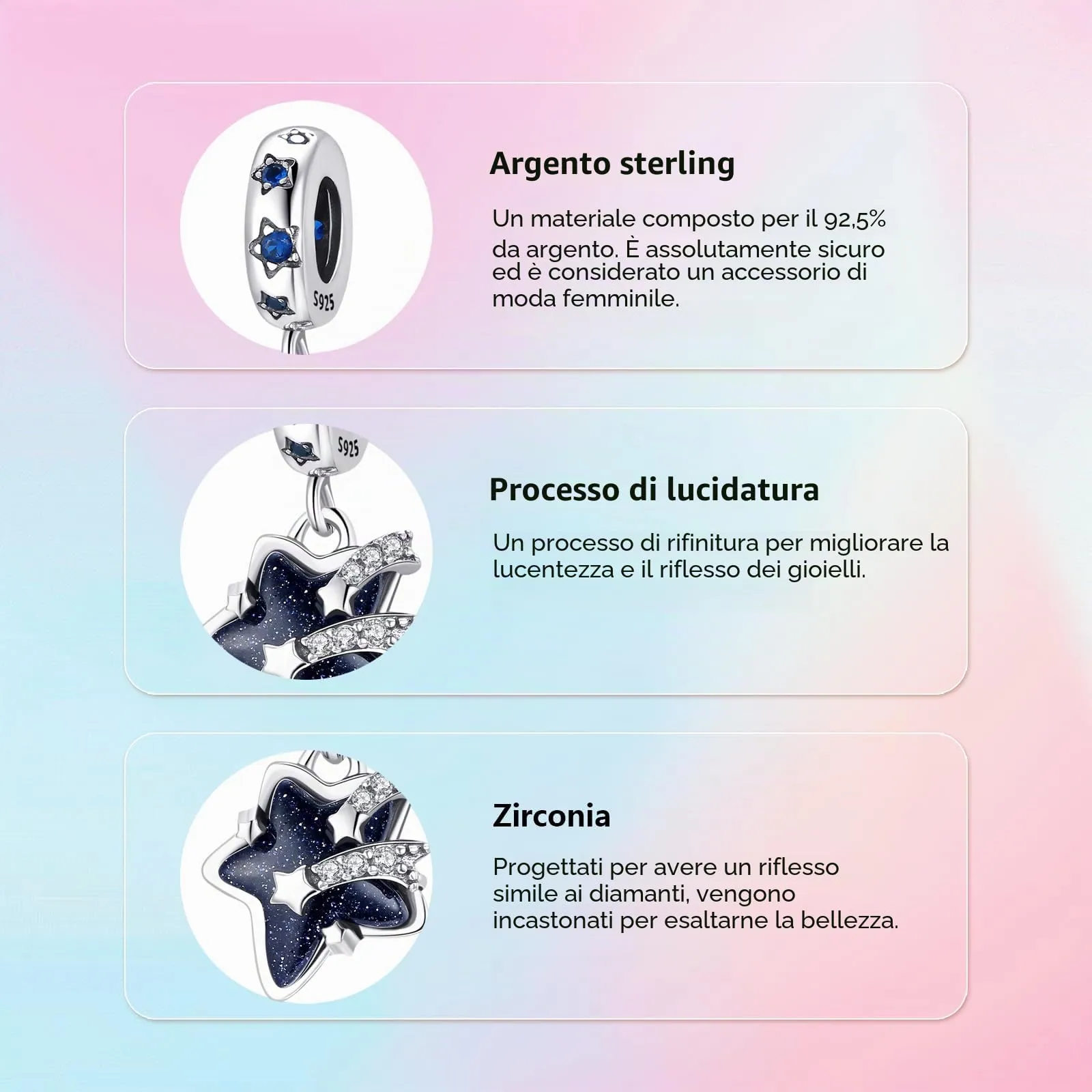XWN Ciondolo Argento Sterling 925 con Cubic Zirconia Pendenti per Pandora Braccialetti, Compatibile con Braccialetti e Collane europei, perfetto Regali per Moglie e Ragazze - immagine 3