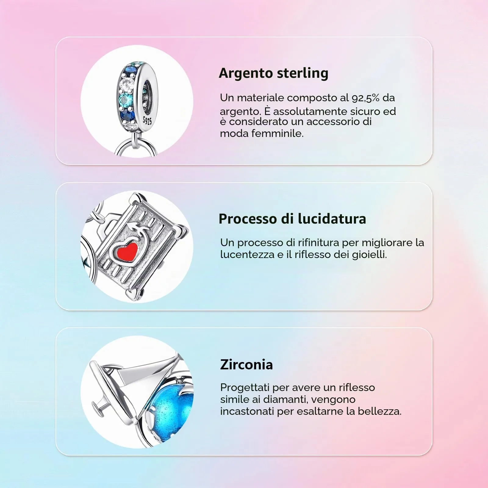 XWN Ciondolo Argento Sterling 925 con Cubic Zirconia Pendenti per Pandora Braccialetti, Compatibile con Braccialetti e Collane europei, perfetto Regali per Moglie e Ragazze - immagine 3