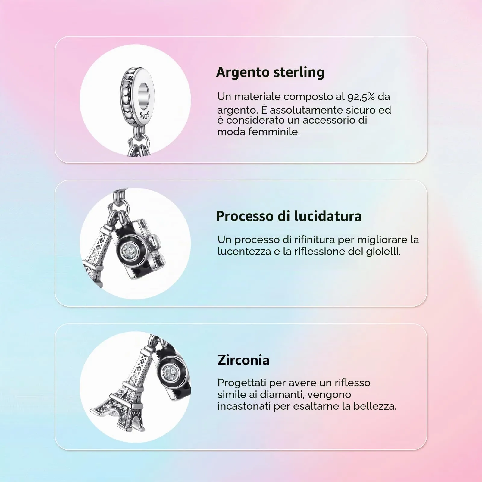 XWN Ciondolo Argento Sterling 925 con Cubic Zirconia Pendenti per Pandora Braccialetti, Compatibile con Braccialetti e Collane europei, perfetto Regali per Moglie e Ragazze - immagine 5