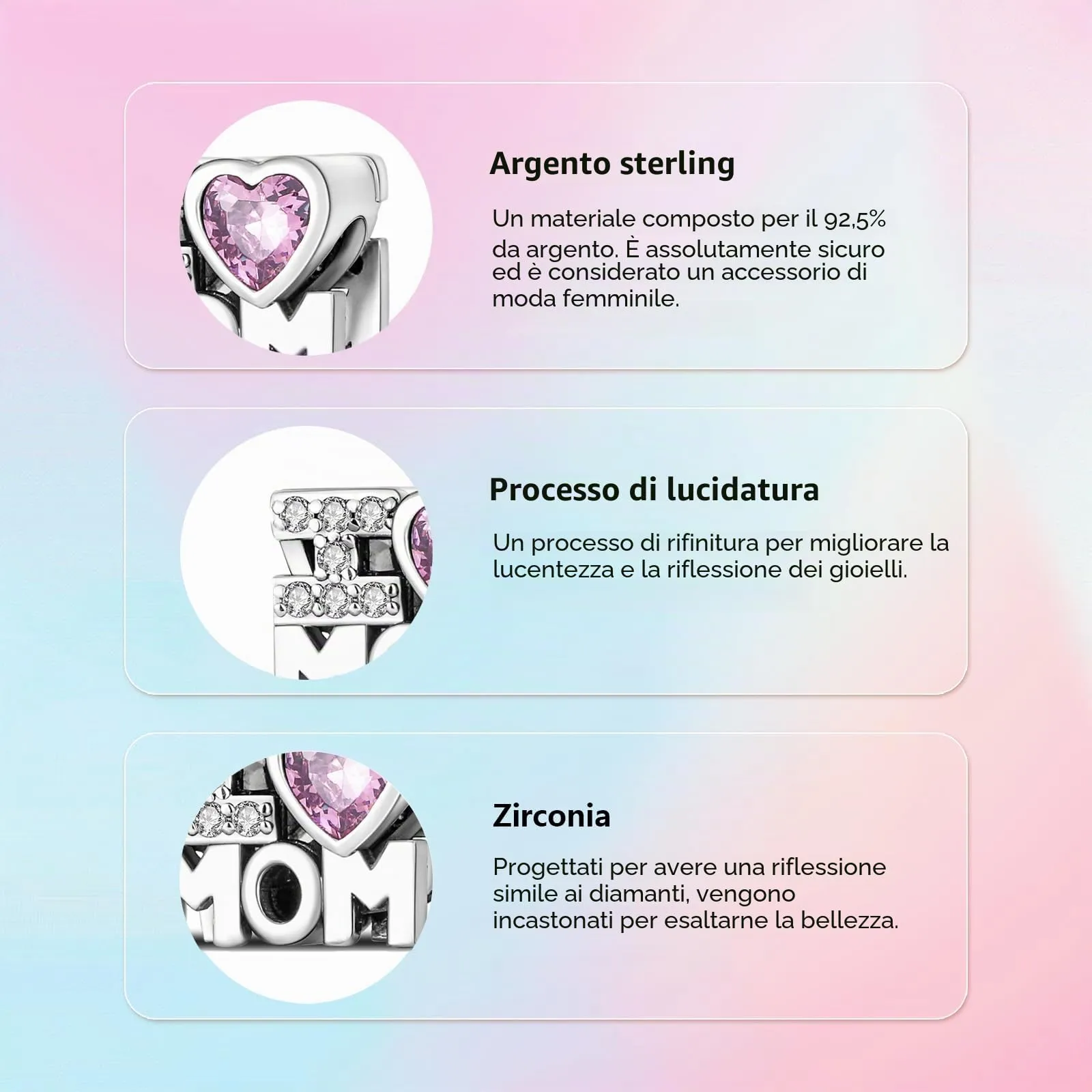 XWN Ciondolo Argento Sterling 925 con Cubic Zirconia Pendenti per Pandora Braccialetti, Compatibile con Braccialetti e Collane europei, perfetto Regali per Moglie e Ragazze - immagine 5
