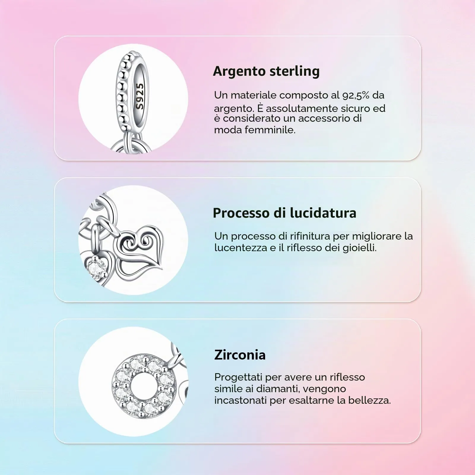 XWN Ciondolo Argento Sterling 925 con Cubic Zirconia Pendenti per Pandora Braccialetti, Compatibile con Braccialetti e Collane europei, perfetto Regali per Moglie e Ragazze - immagine 5