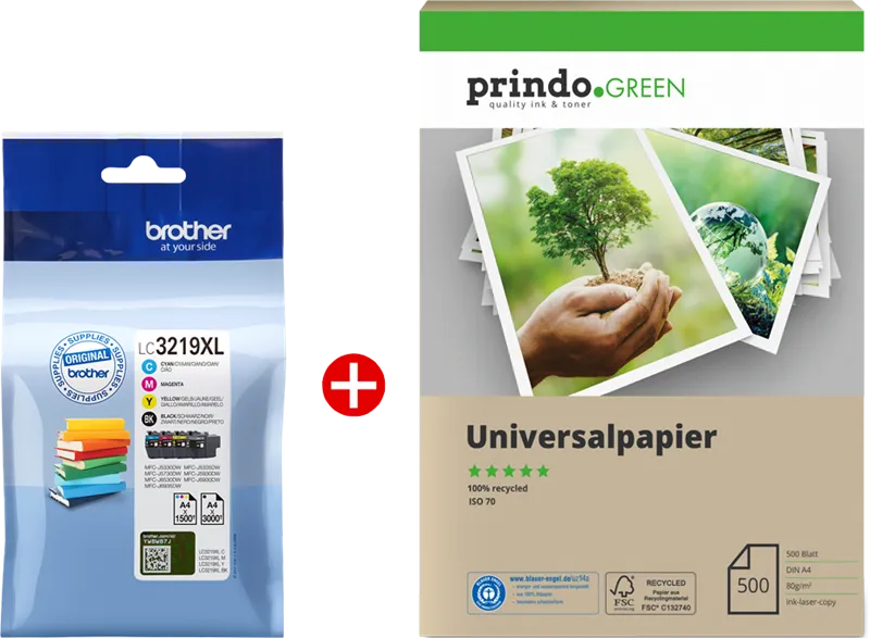 ORIGINALE Brother Value Pack nero / ciano / magenta / giallo LC3219XL MCVP 01 + Carta riciclabile Prindo Green 500 fogli - immagine 1