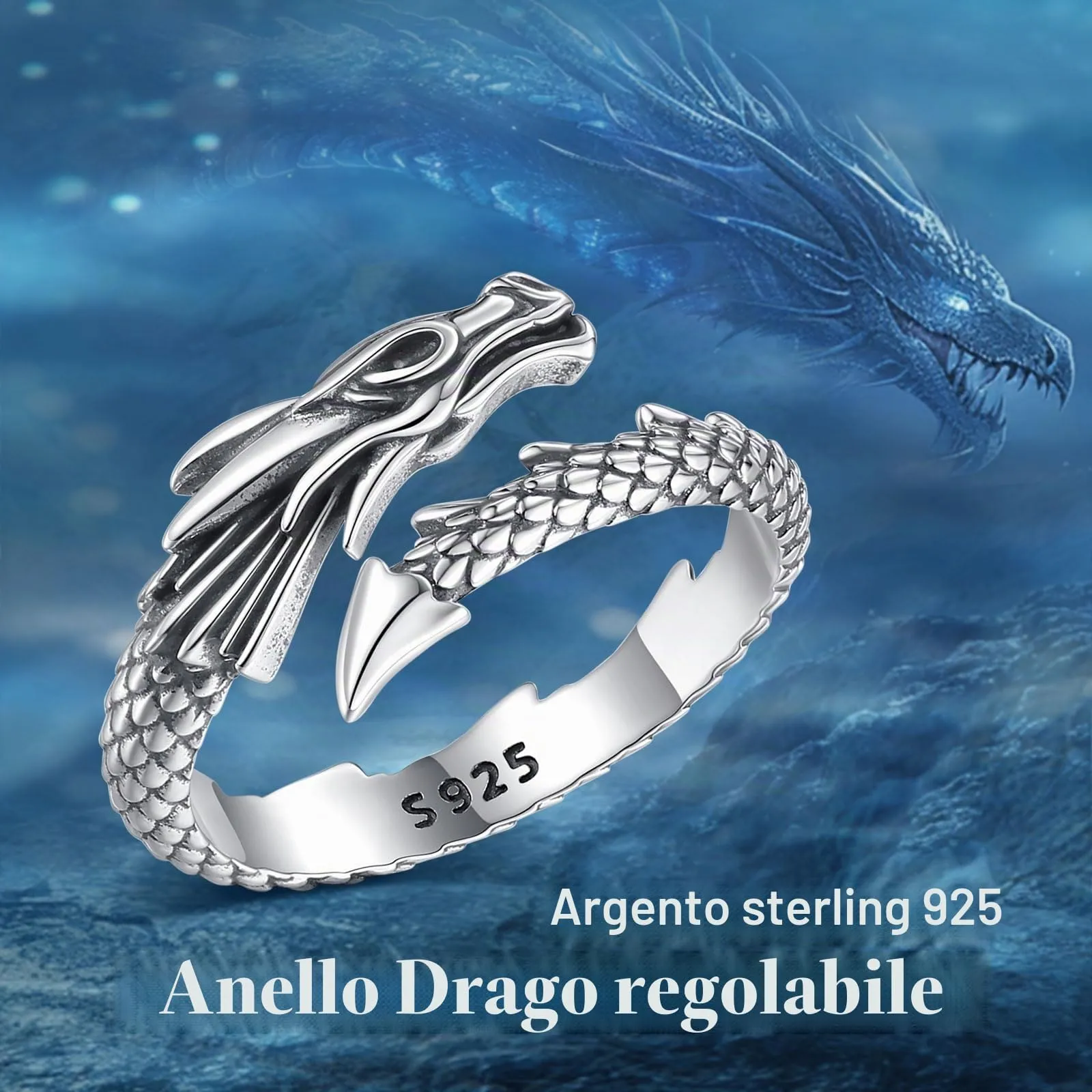AEONSLOVE Anello Drago Argento 925 Donna Anello Uomo Regolabile Vichingo Anelli Drago Aperti Argento 925 Anelli Regolabili Aperto - immagine 4