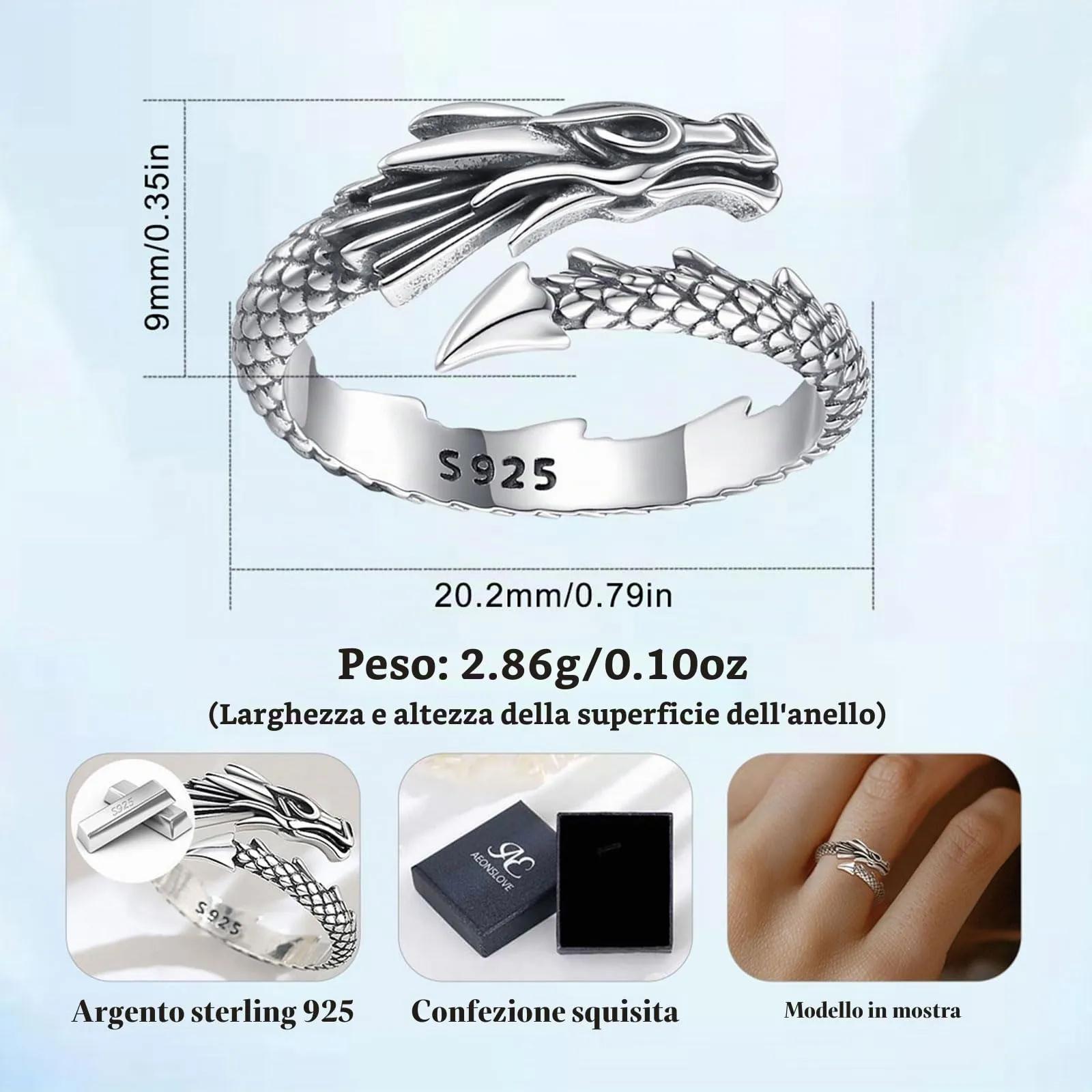 AEONSLOVE Anello Drago Argento 925 Donna Anello Uomo Regolabile Vichingo Anelli Drago Aperti Argento 925 Anelli Regolabili Aperto - immagine 7