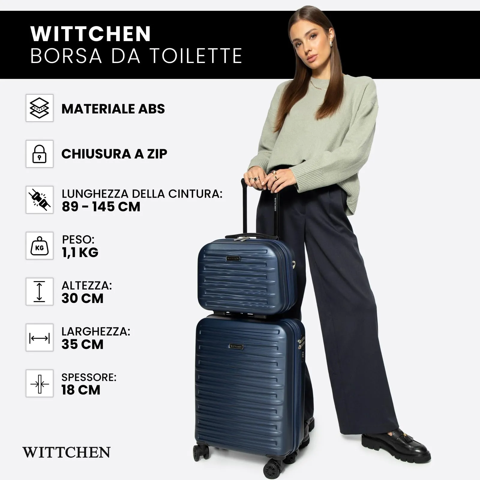 WITTCHEN Skyspeed Line Valigia da cabina gratuita a bordo piccola Valigia rigida in ABS Maniglia telescopica 2 ruote gamba inferiore nero Ryanair/ITA Airways/Wizz Air/Volotea/Vueling - immagine 7