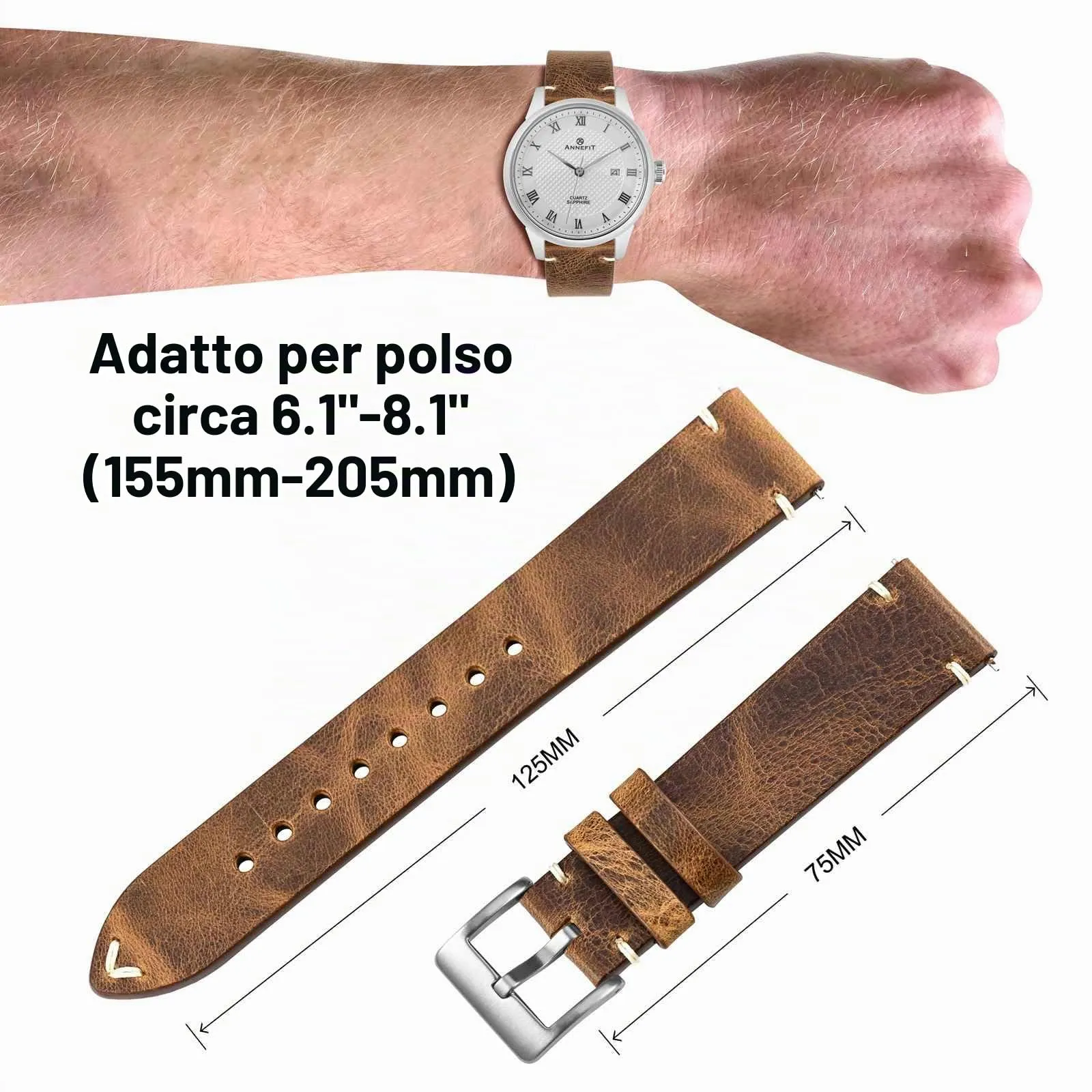 ANNEFIT Vintage Cinturino Orologio per Uomo Donna, Cinturini in Pelle Italiana, Sgancio Rapido, Larghezza della banda 20mm (Giallo Marrone) - immagine 4