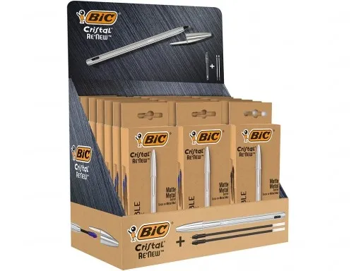 Bic Cristal Re´new Display di 21 penne a sfera con corpo in metallo + 2 ricariche - 15 inchiostro blu e 6 inchiostro nero - punta media 10 mm - inchiostro a base di olio - colore blu - immagine 1