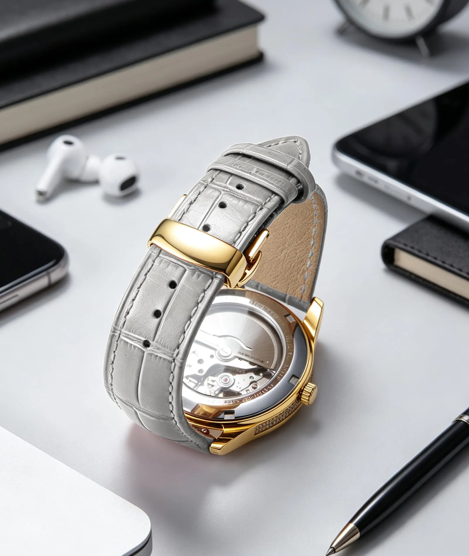 BINLUN Cinturino per Orologio in Pelle Ricambio Cinturini per Unisex con Fibbia Azionamento Farfalla Argento/Oro/Oro Rosa 12mm-24mm 10 Colori(Grigio-Fibbia In Oro, 13mm) - immagine 4