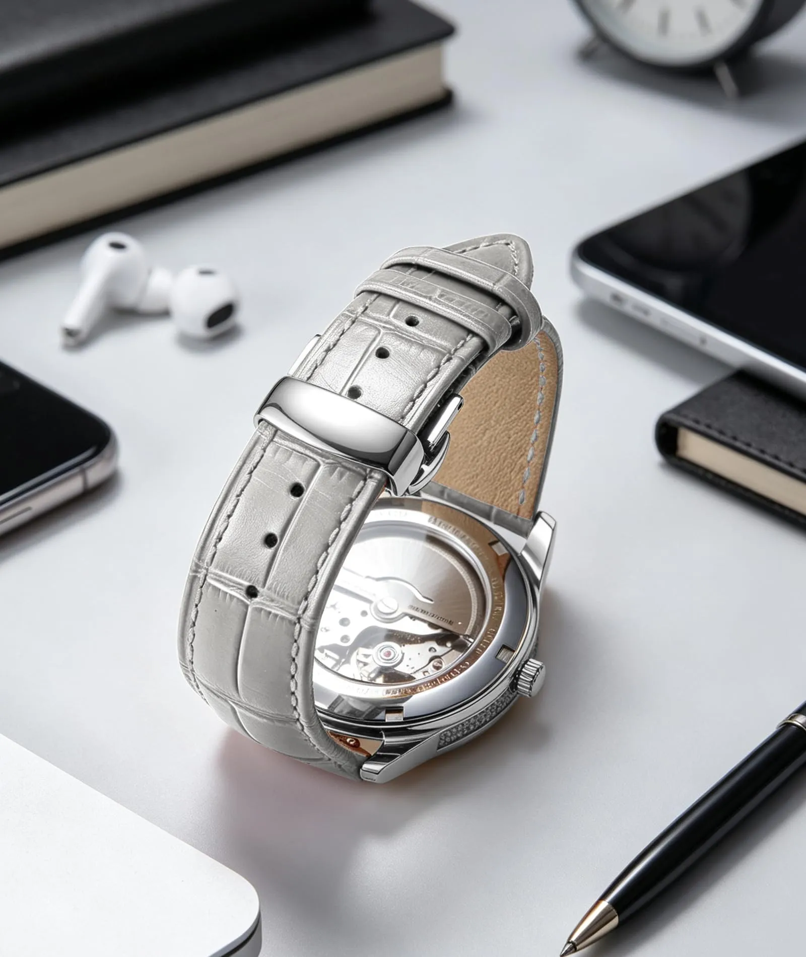 BINLUN Cinturino per Orologio in Pelle Ricambio Cinturini per Unisex con Fibbia Azionamento Farfalla Argento/Oro/Oro Rosa 12mm-24mm 10 Colori(Grigio-Fibbia D'argento, 13mm) - immagine 4
