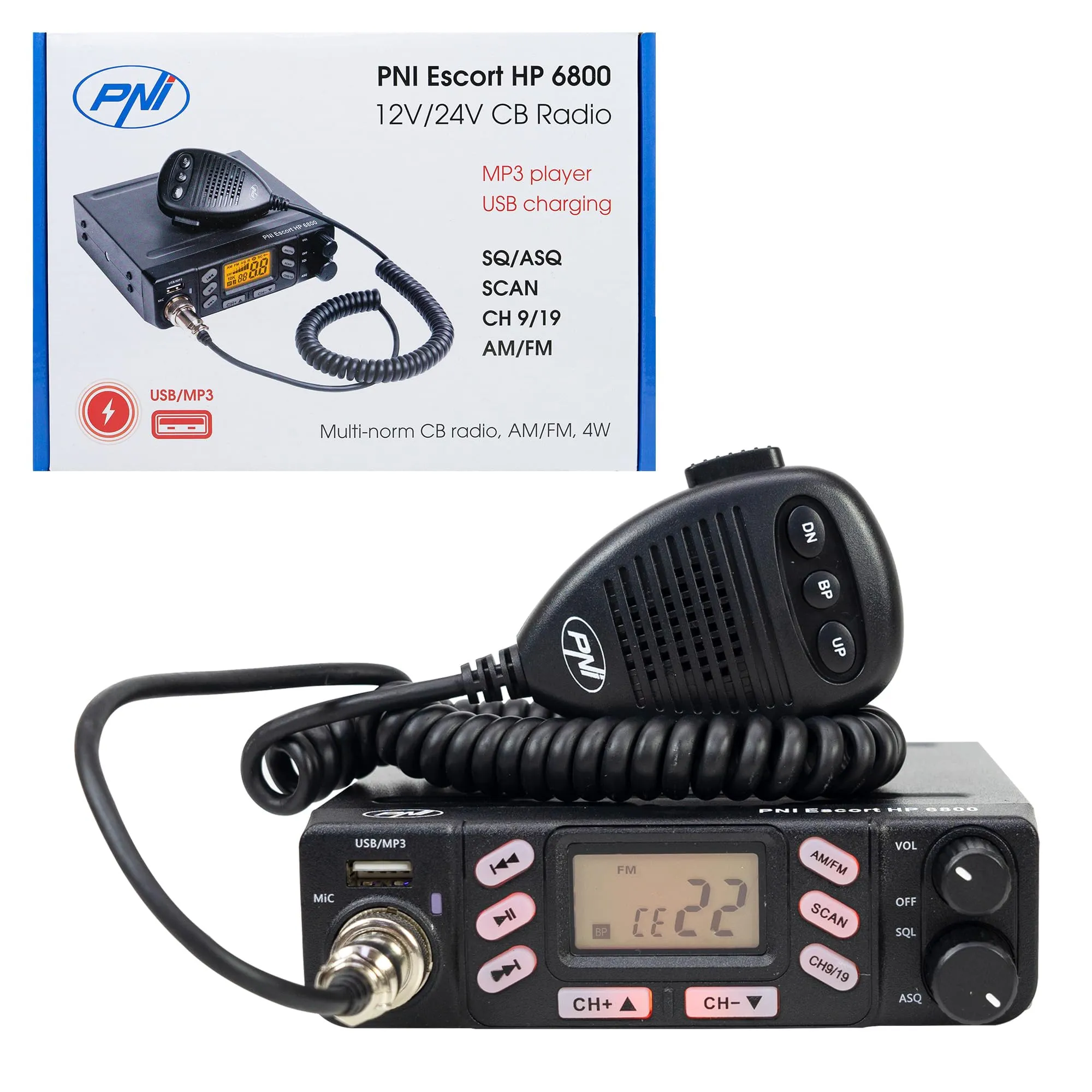 Emettitore radio CB PNI Escort 6800 ASQ, 12/24 V, lettore MP3, connettore USB, 4 W, Am-FM, spina per accendisigari inclusa - immagine 5