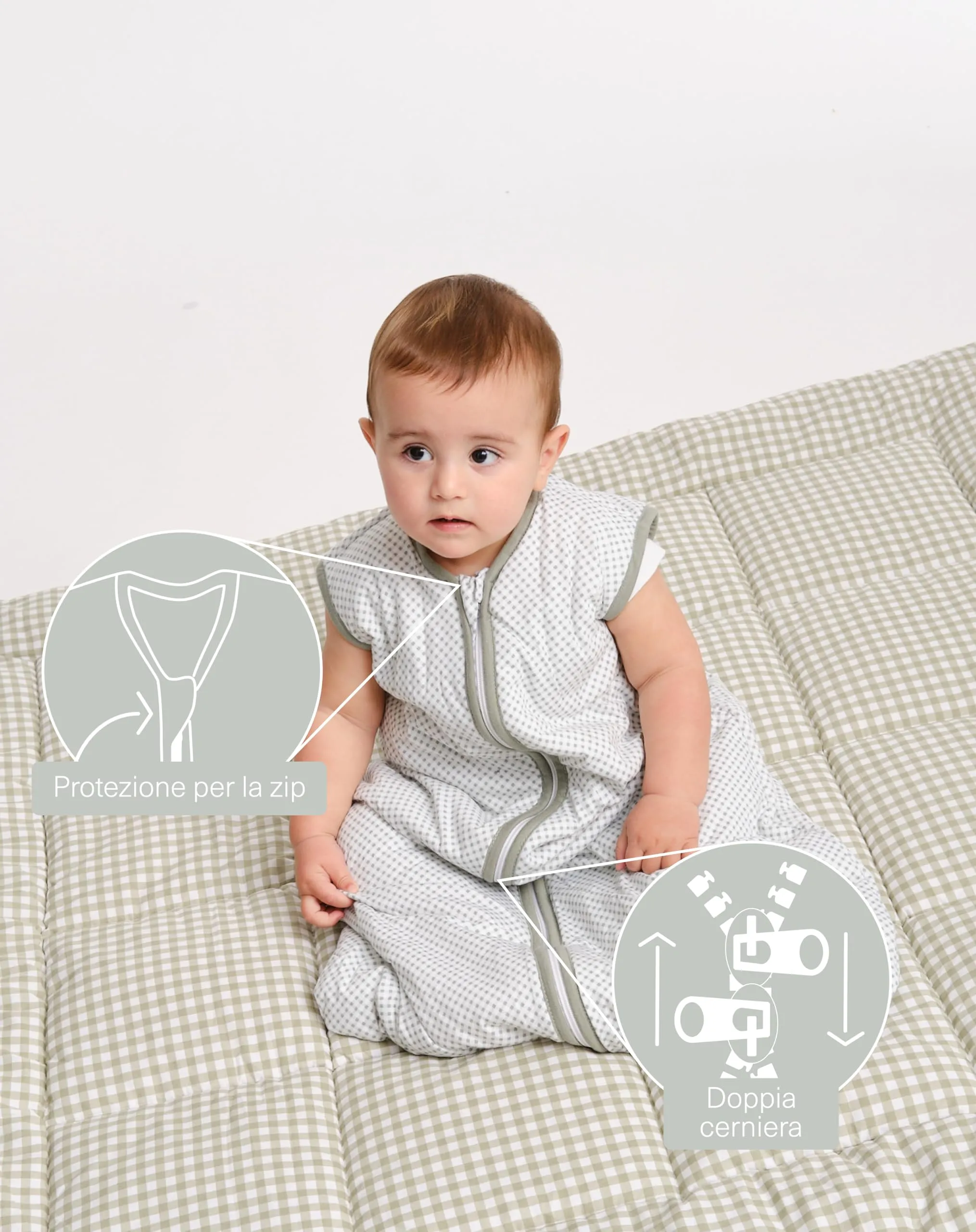 molis&co - Sacco Nanna 1 TOG - Sacco nanna primaverile e autunno - Sacco Nanna per Neonato da 0 mesi - 100% Cotone (Certificato Oeko-Tex) - Leggermente Imbotito, Senza Maniche - Vichy Green - immagine 3