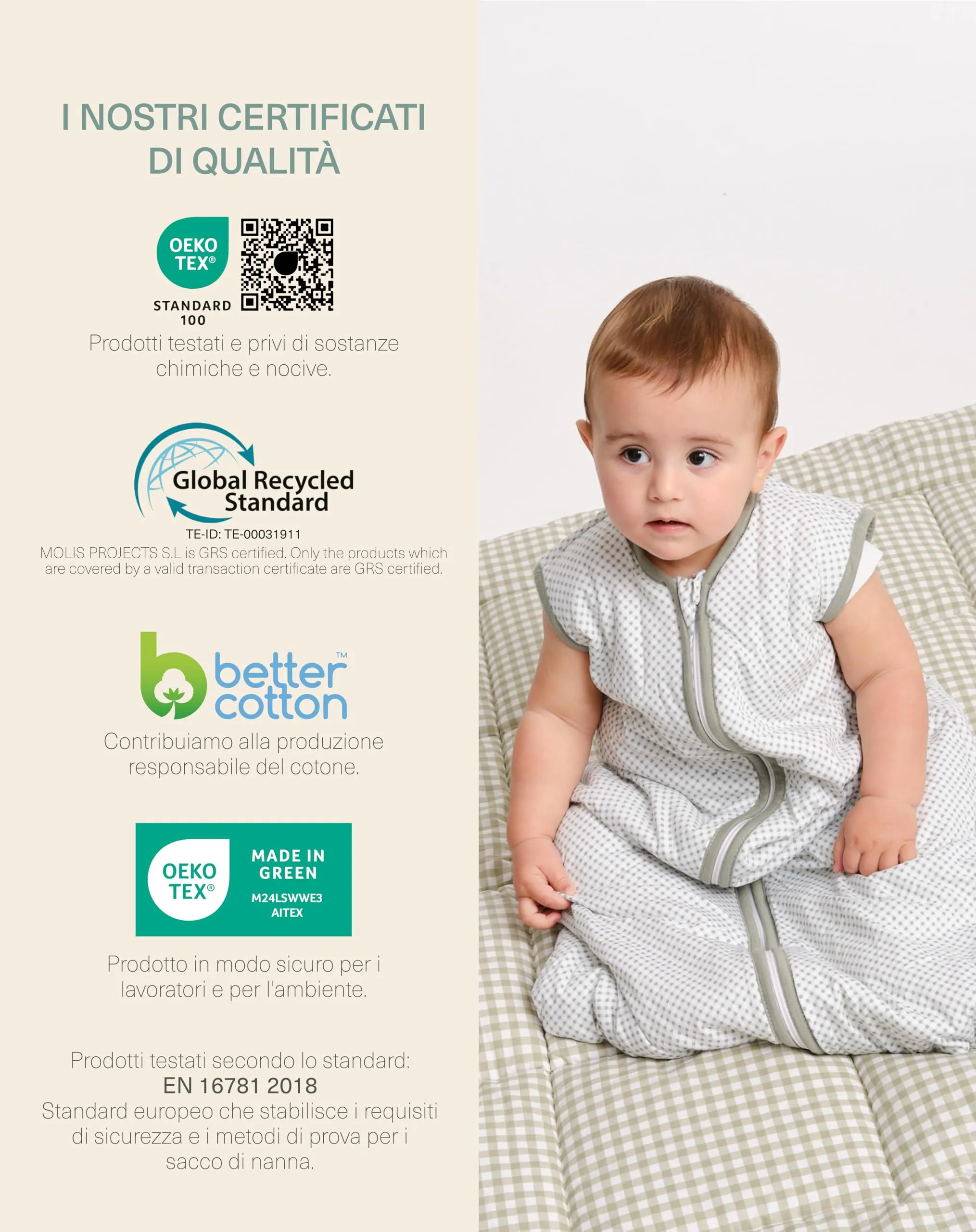 molis&co - Sacco Nanna 1 TOG - Sacco nanna primaverile e autunno - Sacco Nanna per Neonato da 0 mesi - 100% Cotone (Certificato Oeko-Tex) - Leggermente Imbotito, Senza Maniche - Vichy Green - immagine 6
